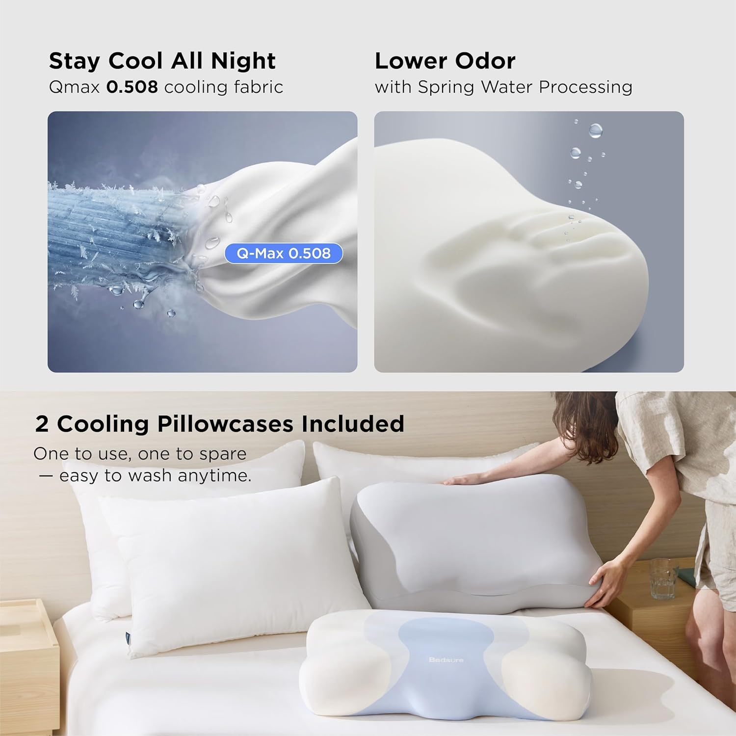 image:imageBedsure Cervical Neck Pillow Memory Foam Pillows for Ergonomic Orthopedic Pillow for Neck Pain Relief Double Sided Design Shape Gently Cradles Head amp Provides for Side amp Back SleepersBlue