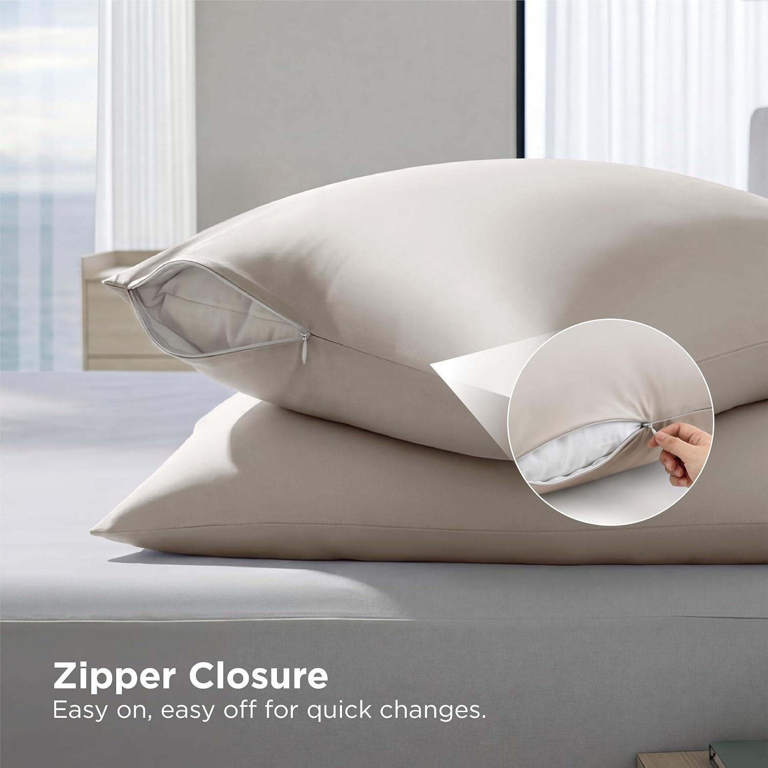 image:imageBedsure Cooling Pillow Cases Queen Size Set of 2 for Hot Sleepers Grey Zippered Closure QMax 04 20 x 30 Inches Reduces Hair Frizz amp Skin Friction Chill for Neck amp Spine Night Sweats04 Beige