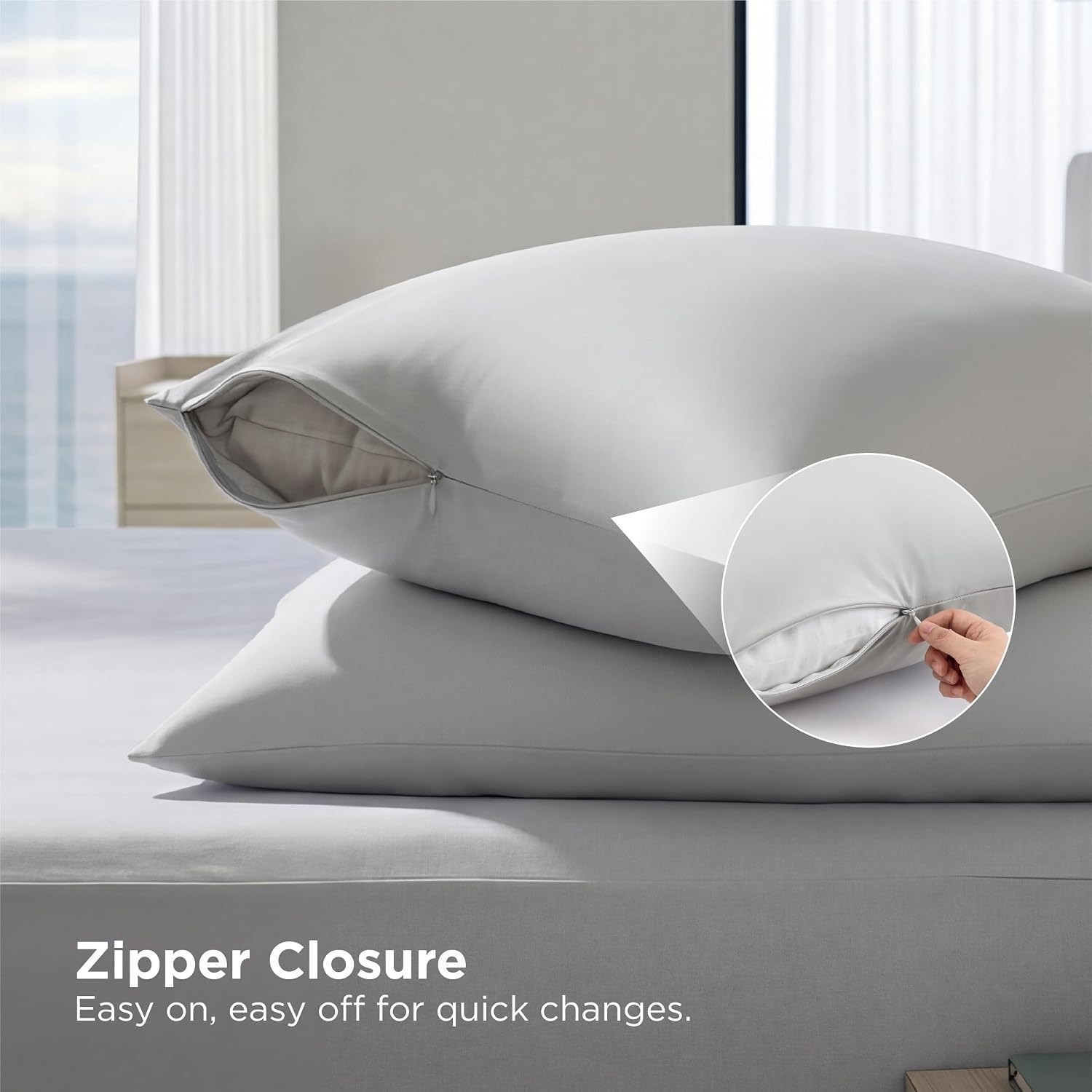 image:imageBedsure Cooling Pillow Cases Queen Size Set of 2 for Hot Sleepers Grey Zippered Closure QMax 04 20 x 30 Inches Reduces Hair Frizz amp Skin Friction Chill for Neck amp Spine Night Sweats01 Grey
