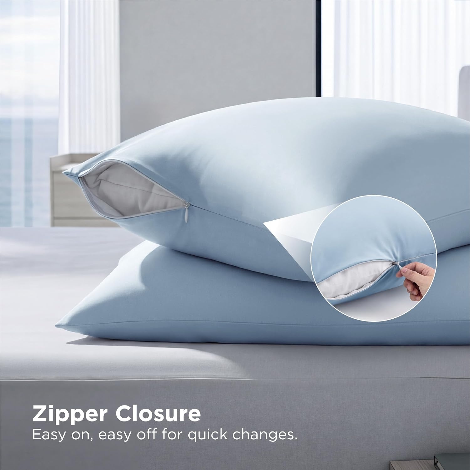 image:imageBedsure Cooling Pillow Cases Queen Size Set of 2 for Hot Sleepers Grey Zippered Closure QMax 04 20 x 30 Inches Reduces Hair Frizz amp Skin Friction Chill for Neck amp Spine Night Sweats02 Blue