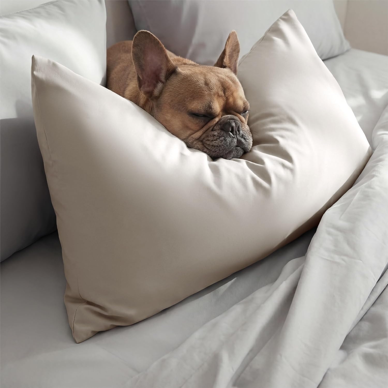 image:imageBedsure Cooling Pillow Cases Queen Size Set of 2 for Hot Sleepers Grey Zippered Closure QMax 04 20 x 30 Inches Reduces Hair Frizz amp Skin Friction Chill for Neck amp Spine Night Sweats04 Beige