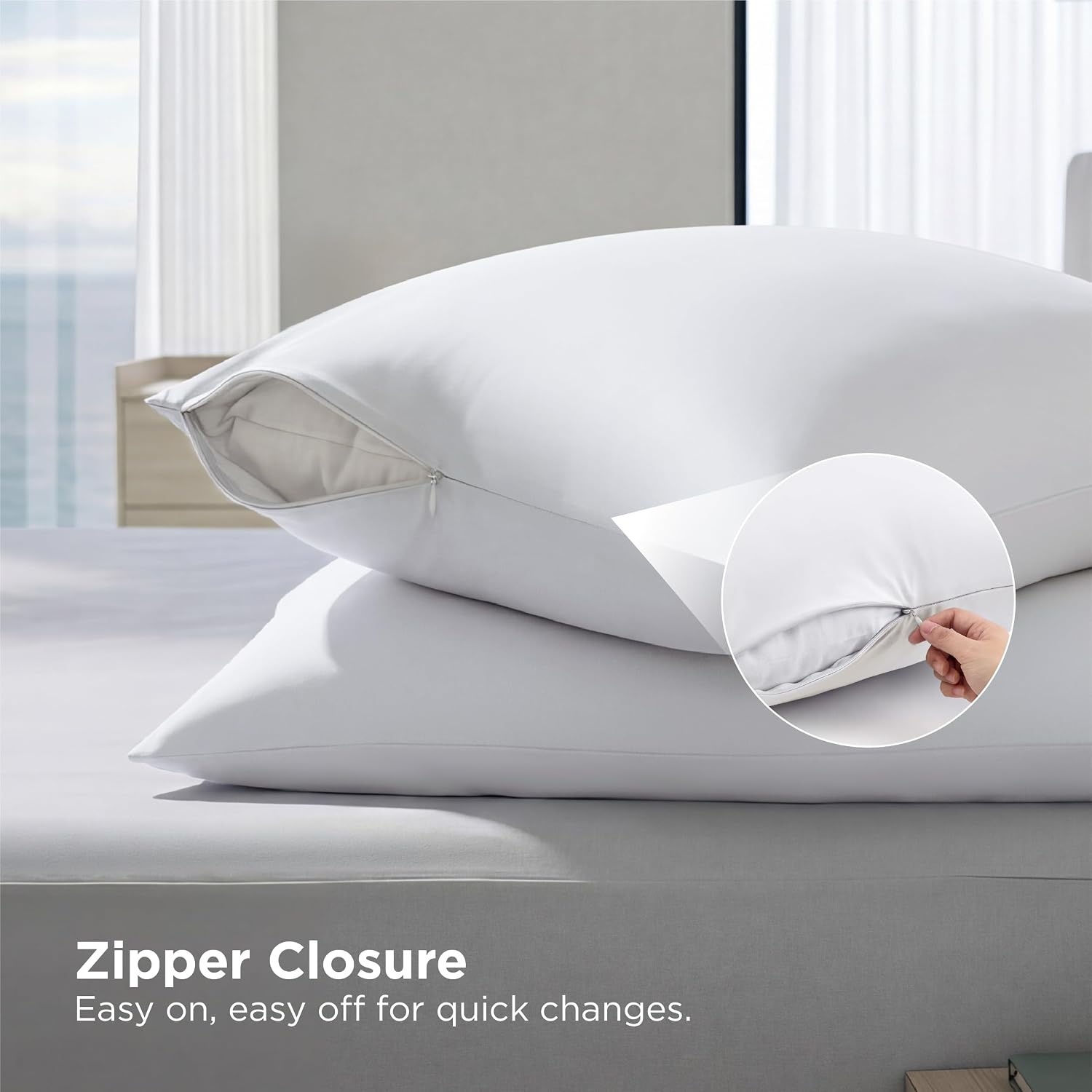 image:imageBedsure Cooling Pillow Cases Queen Size Set of 2 for Hot Sleepers Grey Zippered Closure QMax 04 20 x 30 Inches Reduces Hair Frizz amp Skin Friction Chill for Neck amp Spine Night Sweats03 White