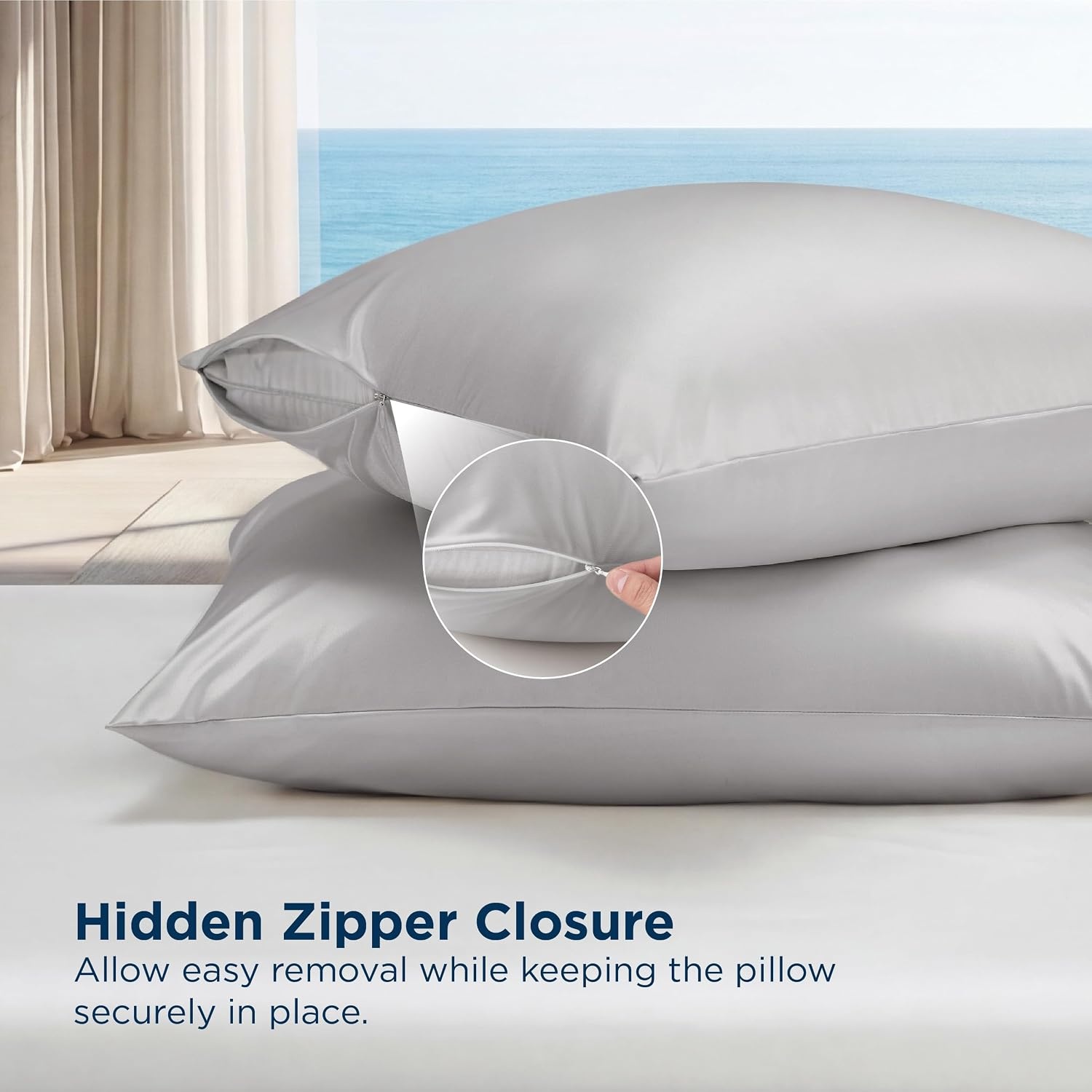 image:imageBedsure Cooling Pillowcase for Hot Sleepers Silk Like Pillow Case Queen Size Set of 2 Reduce Wrinkles amp FrizzFree Hair Infused with HA amp Ceramides for Skin Hidden Zipper Queen White03 Grey