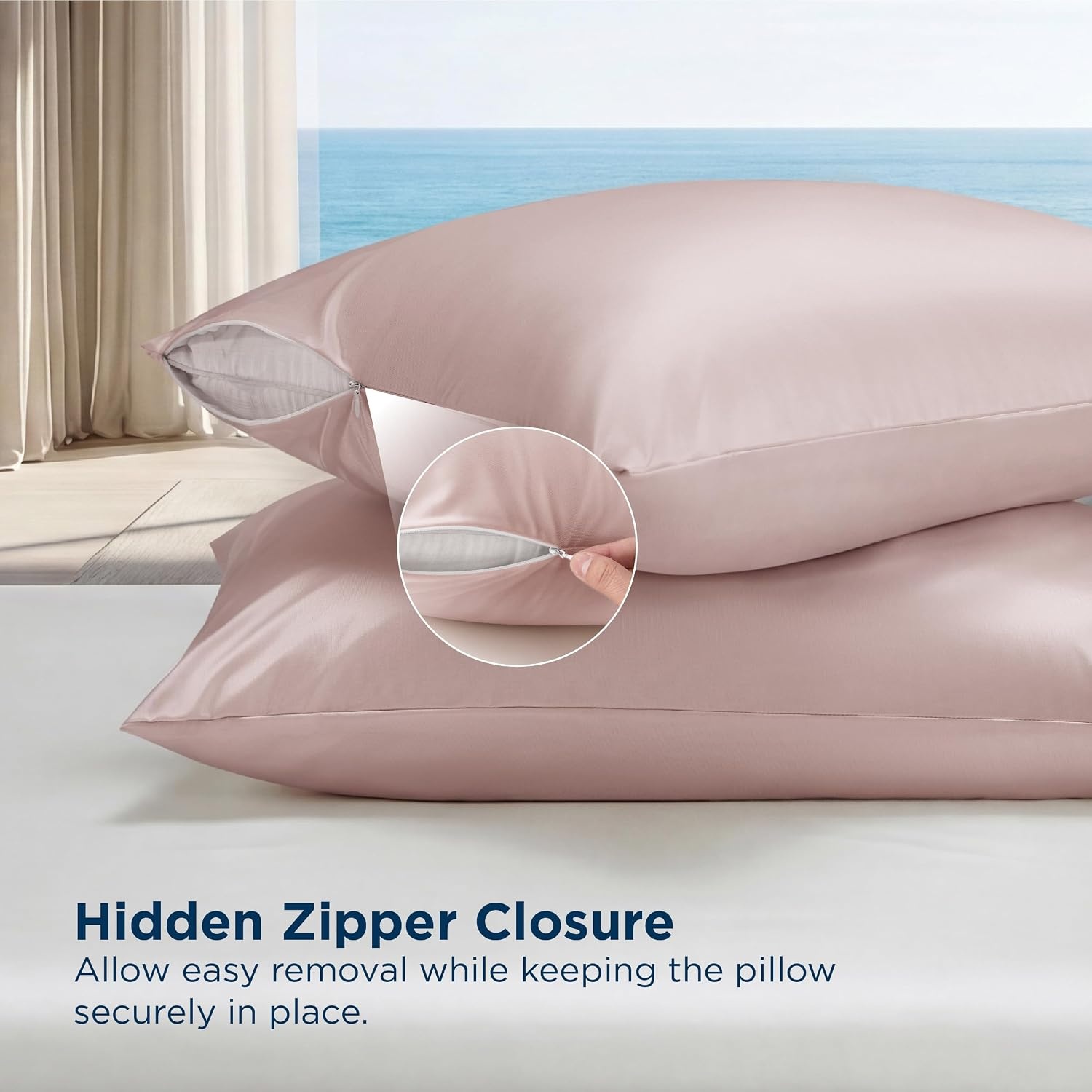 image:imageBedsure Cooling Pillowcase for Hot Sleepers Silk Like Pillow Case Queen Size Set of 2 Reduce Wrinkles amp FrizzFree Hair Infused with HA amp Ceramides for Skin Hidden Zipper Queen White04 Pink