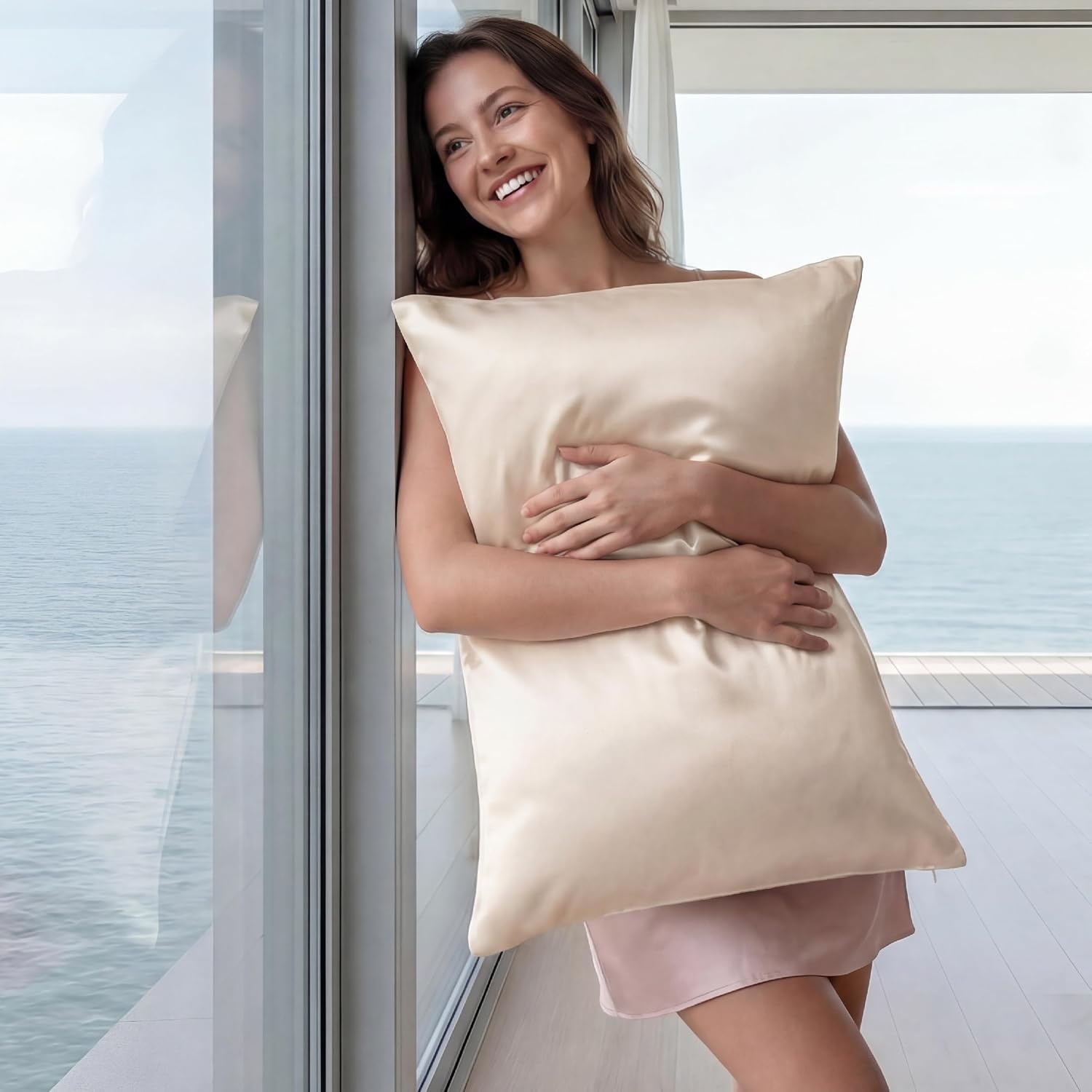 image:imageBedsure Cooling Pillowcase for Hot Sleepers Silk Like Pillow Case Queen Size Set of 2 Reduce Wrinkles amp FrizzFree Hair Infused with HA amp Ceramides for Skin Hidden Zipper Queen White02 Beige