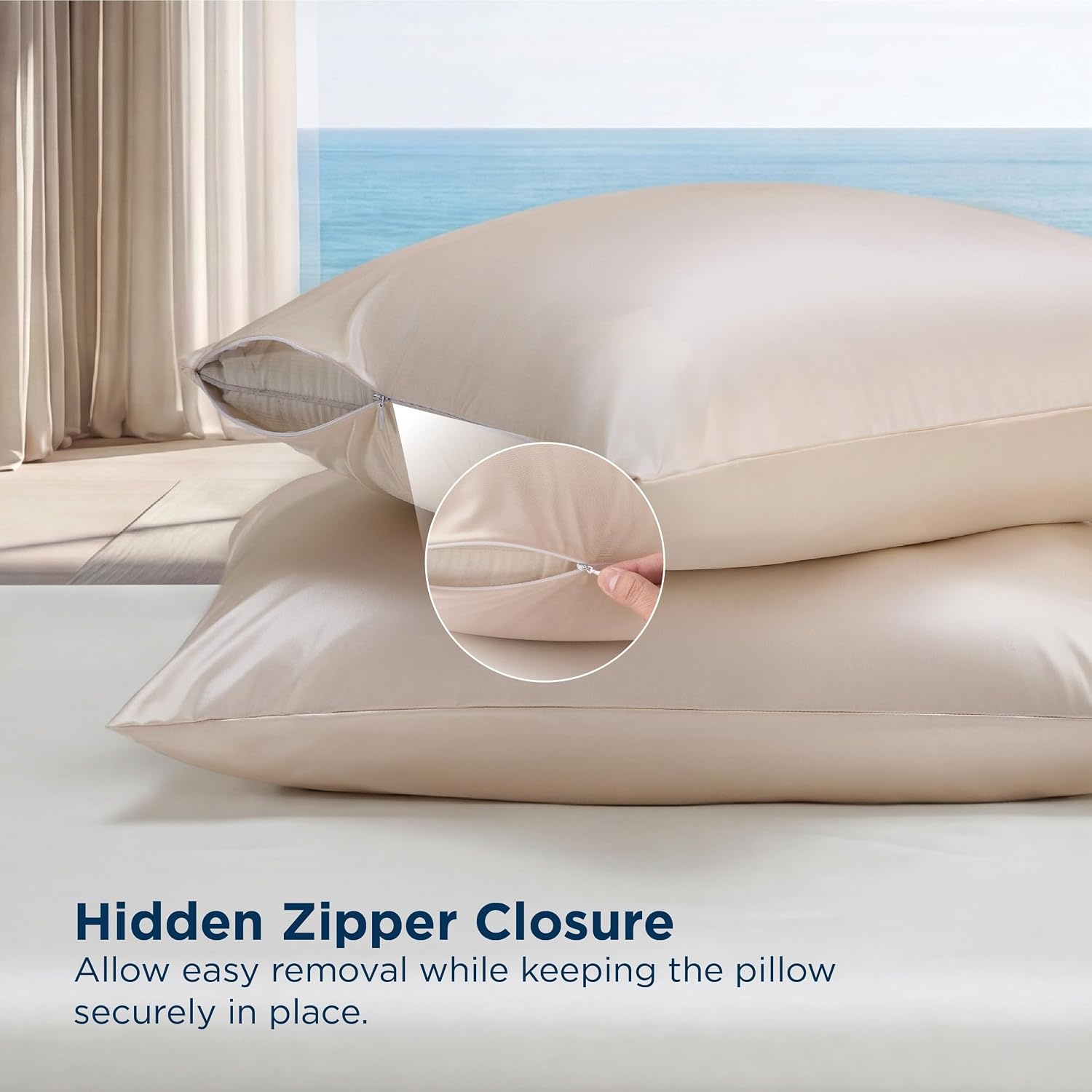 image:imageBedsure Cooling Pillowcase for Hot Sleepers Silk Like Pillow Case Queen Size Set of 2 Reduce Wrinkles amp FrizzFree Hair Infused with HA amp Ceramides for Skin Hidden Zipper Queen White02 Beige