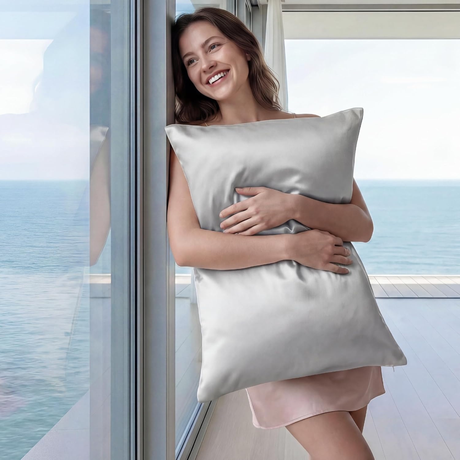 image:imageBedsure Cooling Pillowcase for Hot Sleepers Silk Like Pillow Case Queen Size Set of 2 Reduce Wrinkles amp FrizzFree Hair Infused with HA amp Ceramides for Skin Hidden Zipper Queen White03 Grey