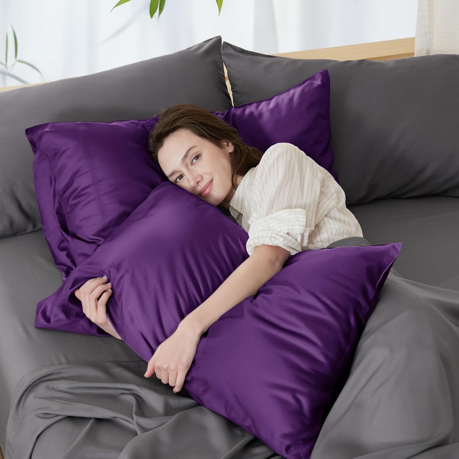 image:imageBedsure King Size Pillow Cases Set of 2 100 Rayon Derived from Bamboo Cooling Pillowcases Similar to Silk Pillow Case Covers with Envelope Closure PureWoven Bedding Dark Grey 20x36 Inches17 Purple