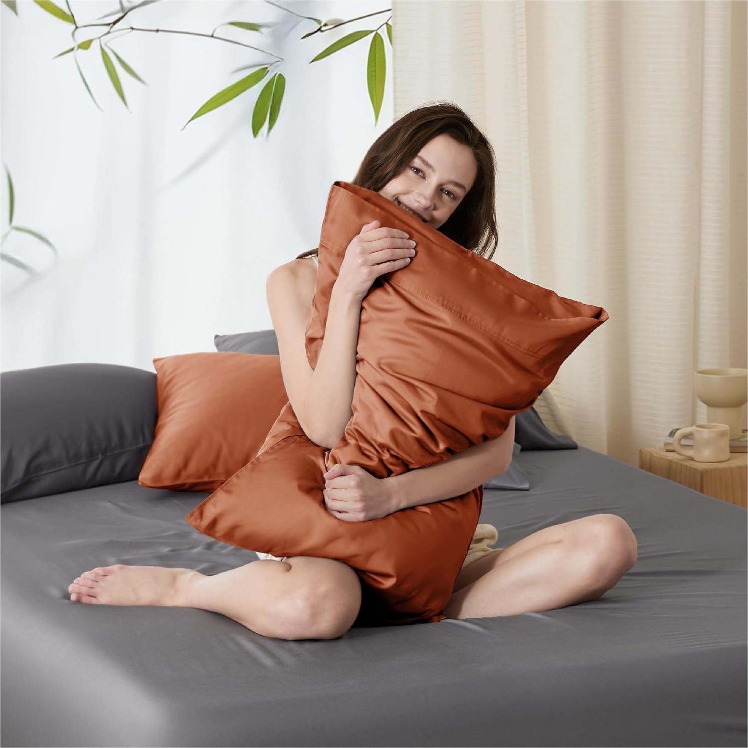 image:imageBedsure King Size Pillow Cases Set of 2 100 Rayon Derived from Bamboo Cooling Pillowcases Similar to Silk Pillow Case Covers with Envelope Closure PureWoven Bedding Dark Grey 20x36 Inches18 Burnt Orange