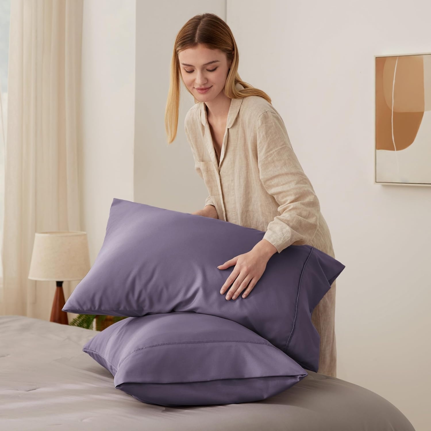 image:imageBedsure Queen Pillow Cases Set of 2 White Brushed Microfiber Pillowcase 2 Pack Super Soft Pillowcase Pillow Shams Covers with Envelope Closure for Kids Wrinkle Fade Resistant 20x30 Inches08 Grayish Purple