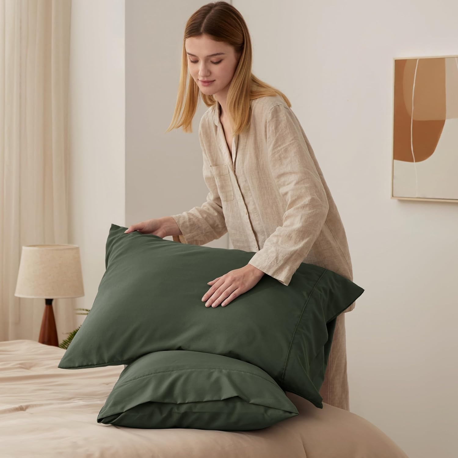 image:imageBedsure Queen Pillow Cases Set of 2 White Brushed Microfiber Pillowcase 2 Pack Super Soft Pillowcase Pillow Shams Covers with Envelope Closure for Kids Wrinkle Fade Resistant 20x30 Inches16 Olive Green
