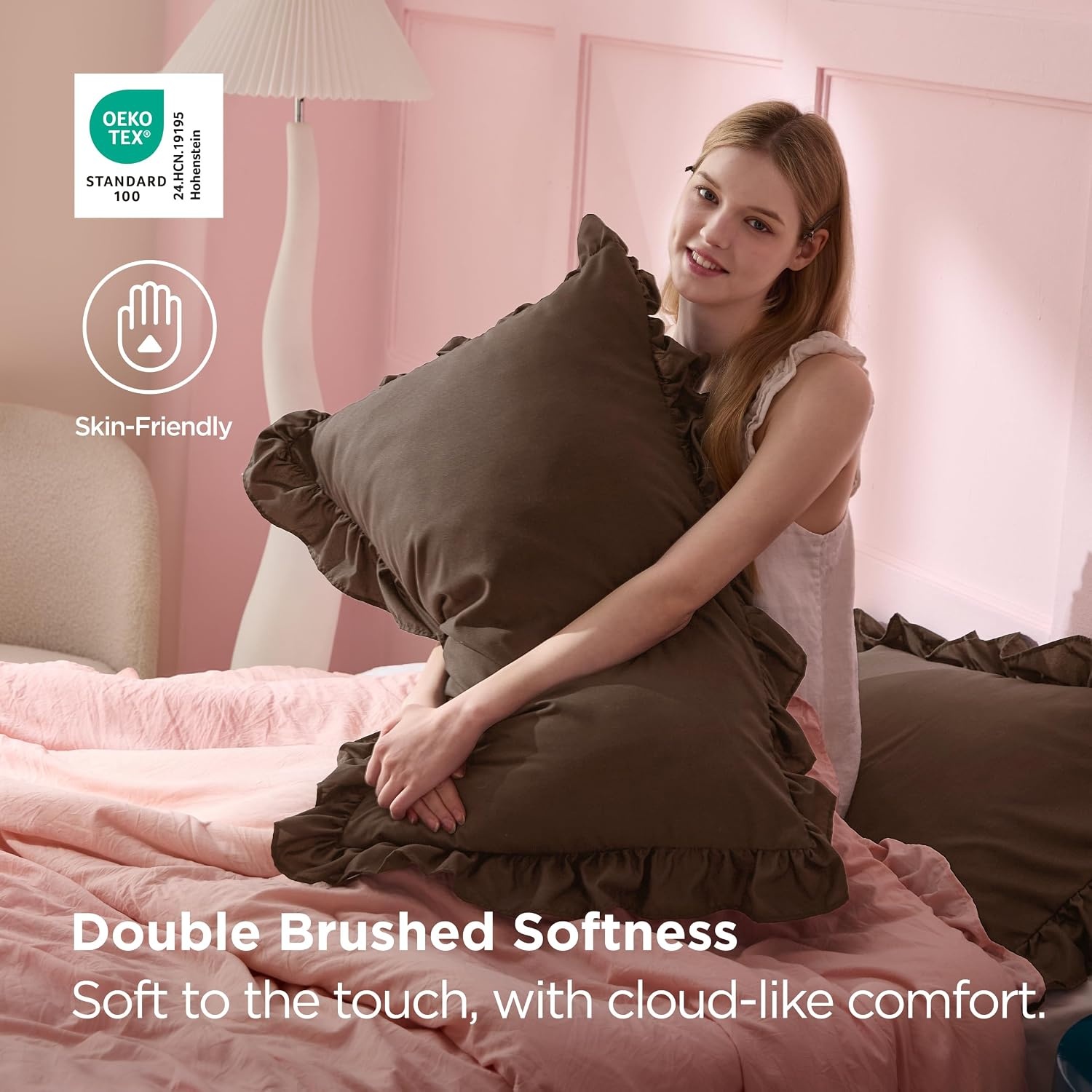 image:imageBedsure Ruffle Pillow Cases Standard Size Set of 2 Black Pillow Shams 27 French Ruffles Distressed Vintage Shams Envelope Closure Doublebrushed Microfiber 20 x 26 Wrinkle Fade Resistant08 Brown