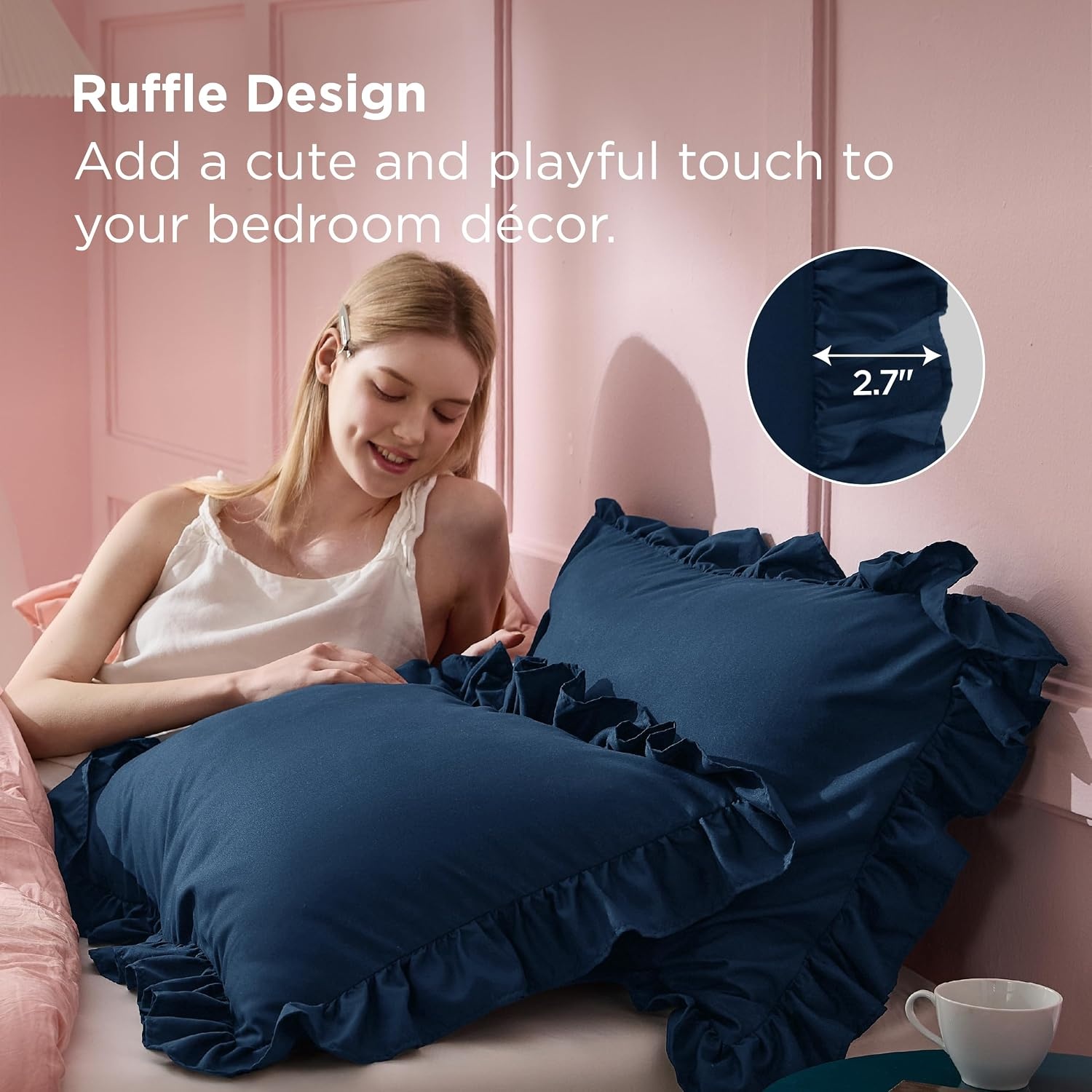 image:imageBedsure Ruffle Pillow Cases Standard Size Set of 2 Black Pillow Shams 27 French Ruffles Distressed Vintage Shams Envelope Closure Doublebrushed Microfiber 20 x 26 Wrinkle Fade Resistant06 Navy