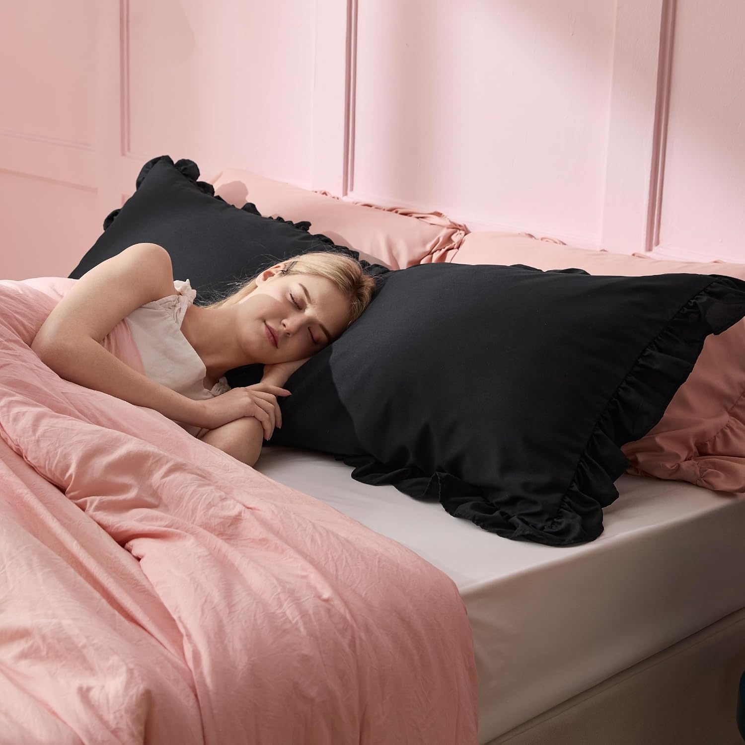 image:imageBedsure Ruffle Pillow Cases Standard Size Set of 2 Black Pillow Shams 27 French Ruffles Distressed Vintage Shams Envelope Closure Doublebrushed Microfiber 20 x 26 Wrinkle Fade Resistant02 Black