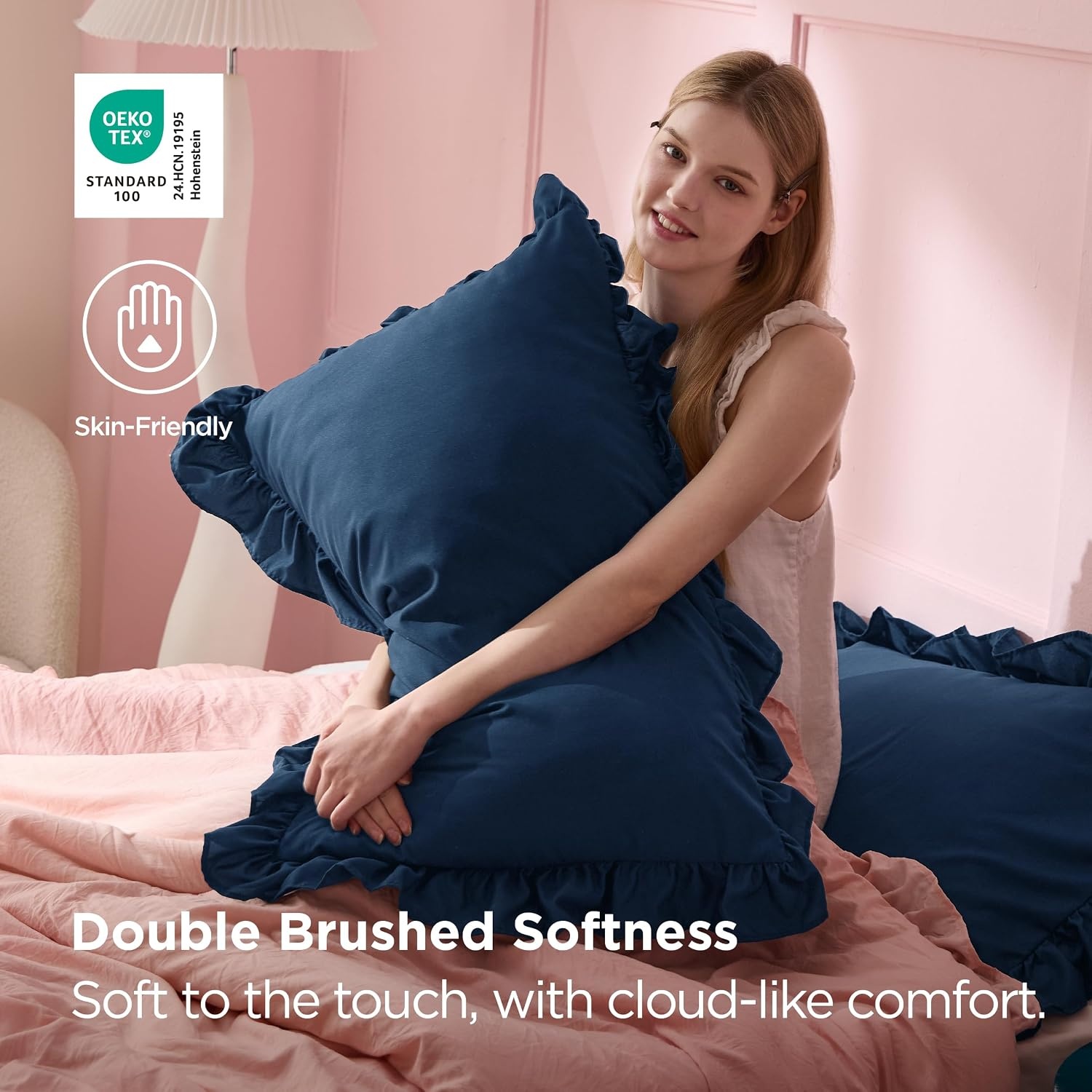 image:imageBedsure Ruffle Pillow Cases Standard Size Set of 2 Black Pillow Shams 27 French Ruffles Distressed Vintage Shams Envelope Closure Doublebrushed Microfiber 20 x 26 Wrinkle Fade Resistant06 Navy