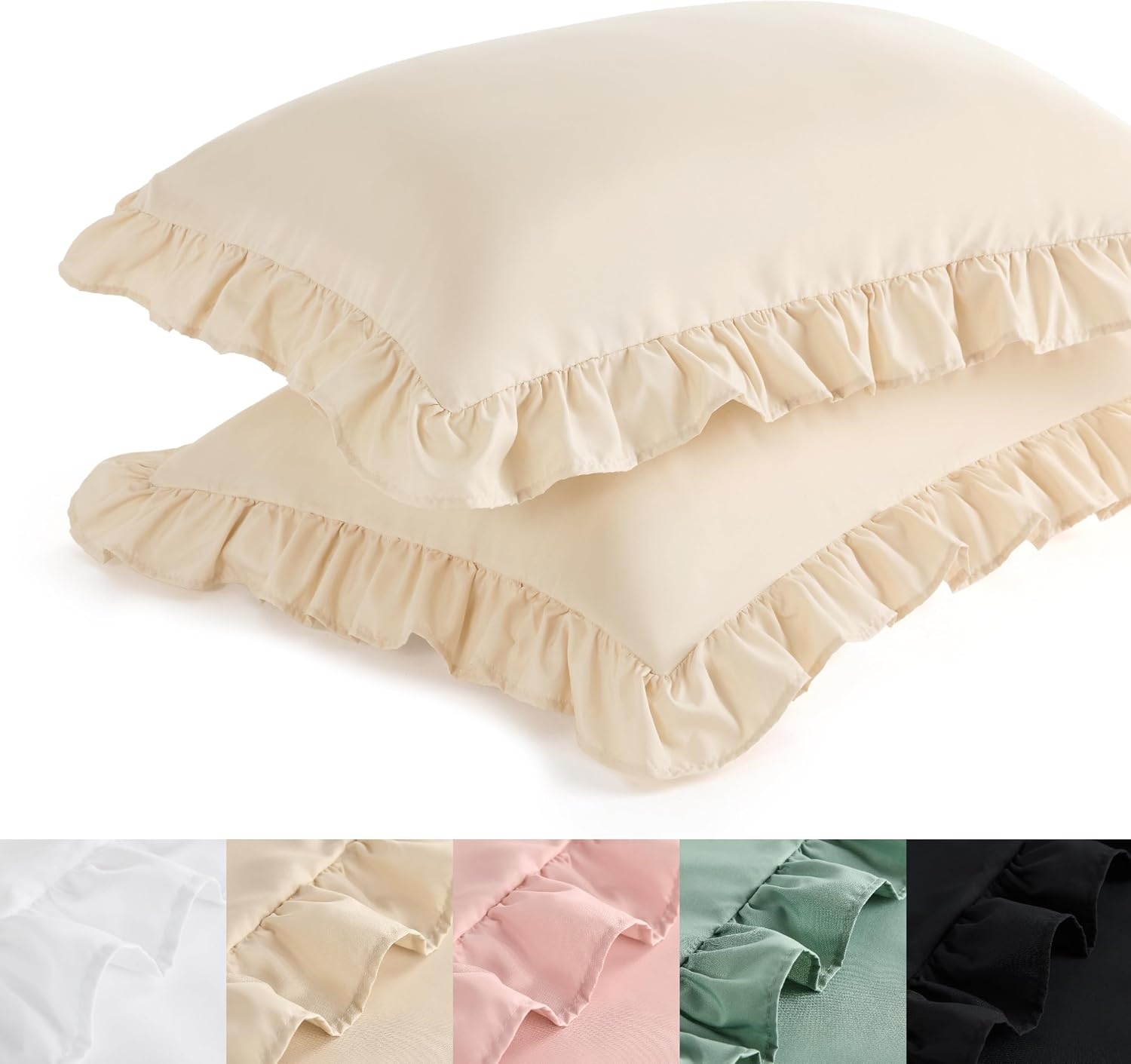 image:imageBedsure Ruffle Pillow Cases Standard Size Set of 2 Black Pillow Shams 27 French Ruffles Distressed Vintage Shams Envelope Closure Doublebrushed Microfiber 20 x 26 Wrinkle Fade Resistant03 Beige