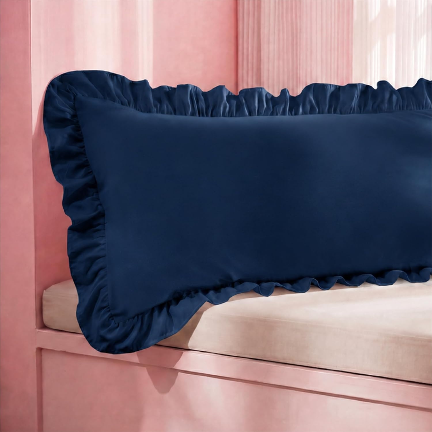 image:imageBedsure Ruffle Pillow Cases Standard Size Set of 2 Black Pillow Shams 27 French Ruffles Distressed Vintage Shams Envelope Closure Doublebrushed Microfiber 20 x 26 Wrinkle Fade Resistant06 Navy