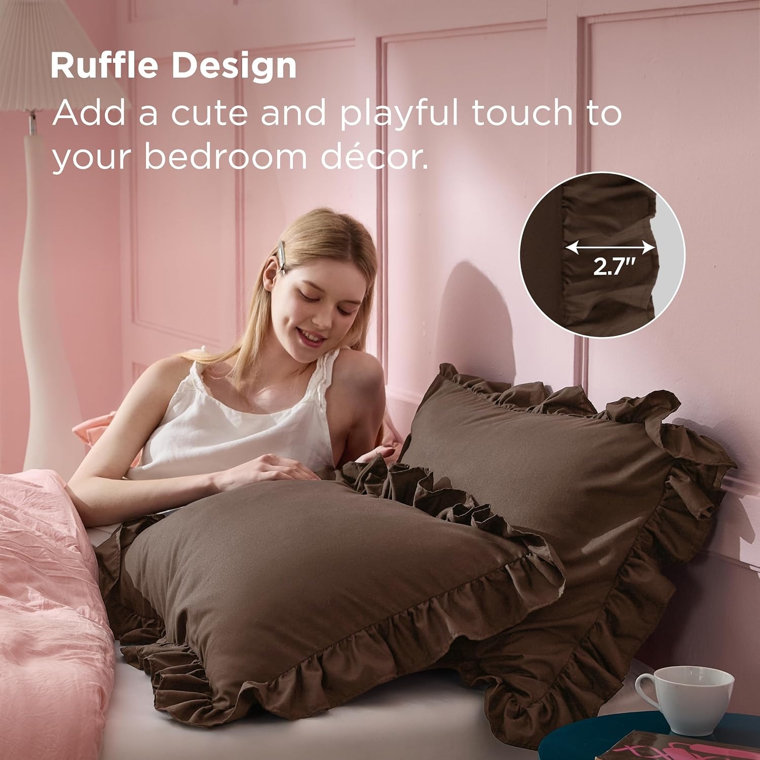 image:imageBedsure Ruffle Pillow Cases Standard Size Set of 2 Black Pillow Shams 27 French Ruffles Distressed Vintage Shams Envelope Closure Doublebrushed Microfiber 20 x 26 Wrinkle Fade Resistant08 Brown