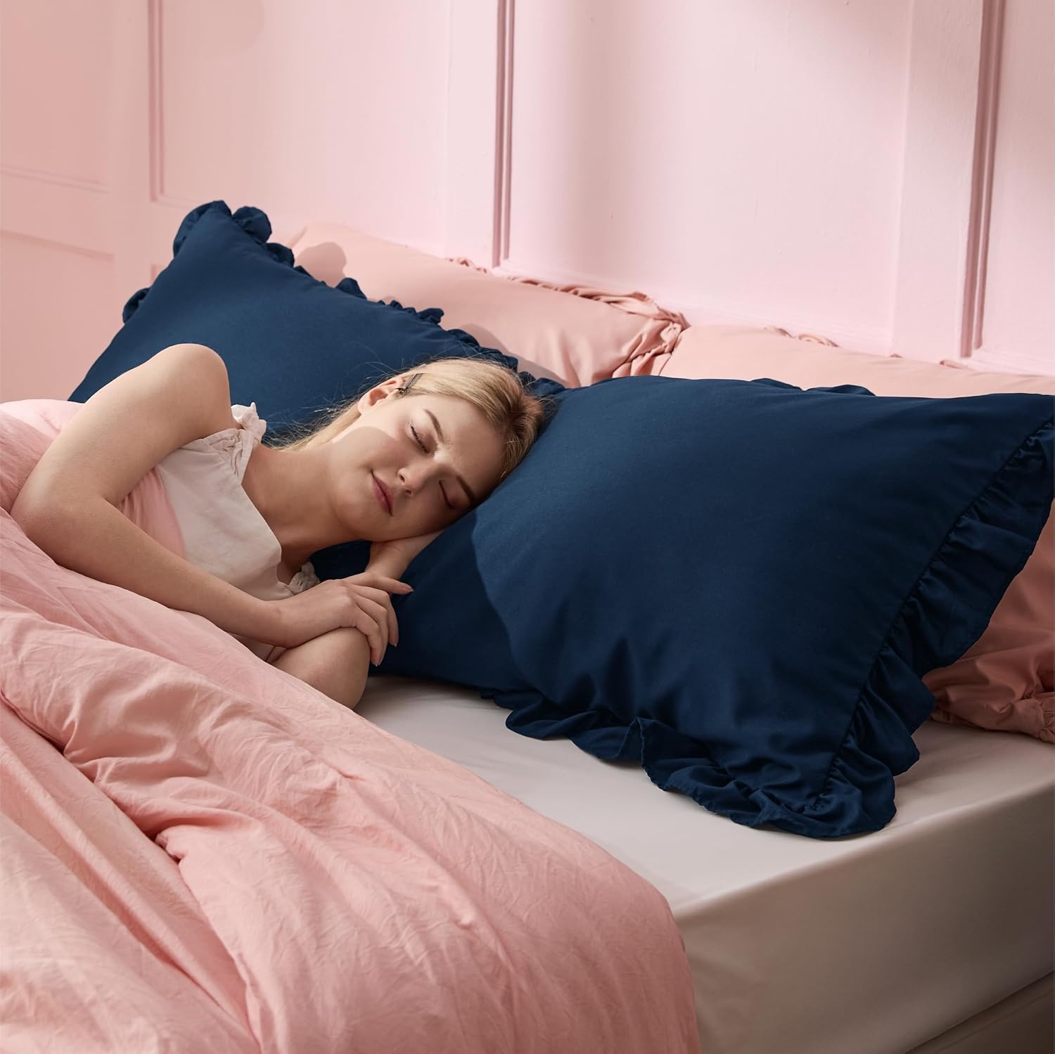 image:imageBedsure Ruffle Pillow Cases Standard Size Set of 2 Black Pillow Shams 27 French Ruffles Distressed Vintage Shams Envelope Closure Doublebrushed Microfiber 20 x 26 Wrinkle Fade Resistant06 Navy