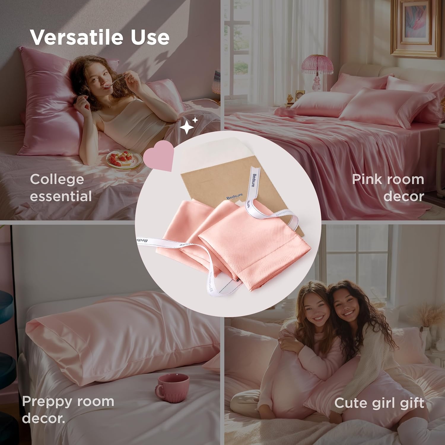 image:imageBedsure Satin Pillowcase Standard Set of 2 Silky Pillow Cases White Similar to Silk Pillow Cases Decorative Covers Room Decor Gifts for Women Men Envelope Closure For Hair Skin 20 x 2621 Peach Pink