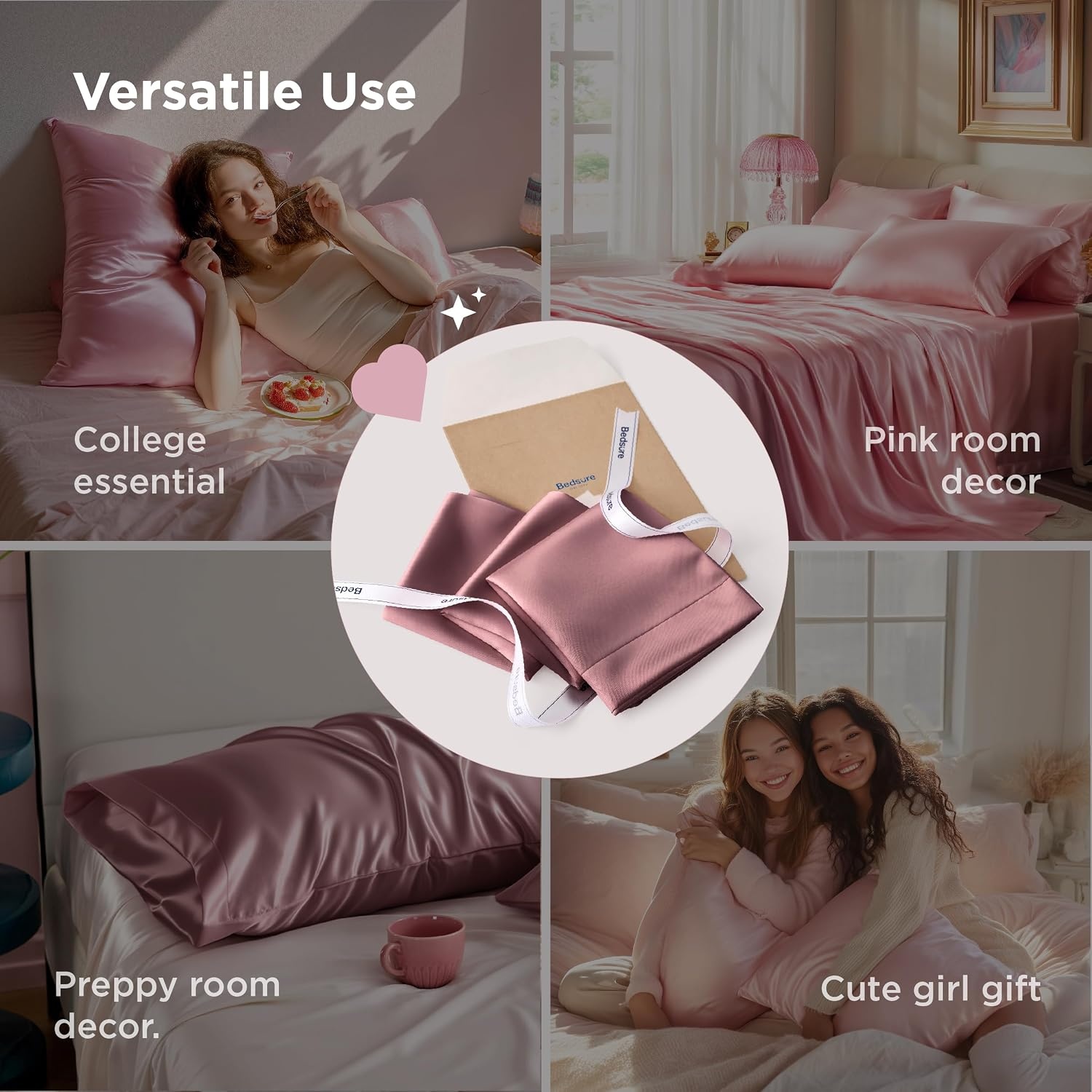 image:imageBedsure Satin Pillowcase Standard Set of 2 Silky Pillow Cases White Similar to Silk Pillow Cases Decorative Covers Room Decor Gifts for Women Men Envelope Closure For Hair Skin 20 x 2612 Nostalgia Rose