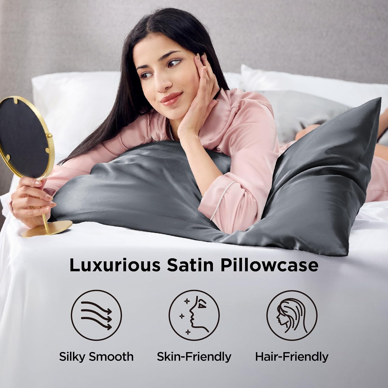 image:imageBedsure Satin Pillowcase Standard Set of 2 Silky Pillow Cases White Similar to Silk Pillow Cases Decorative Covers Room Decor Gifts for Women Men Envelope Closure For Hair Skin 20 x 2628 Space Grey