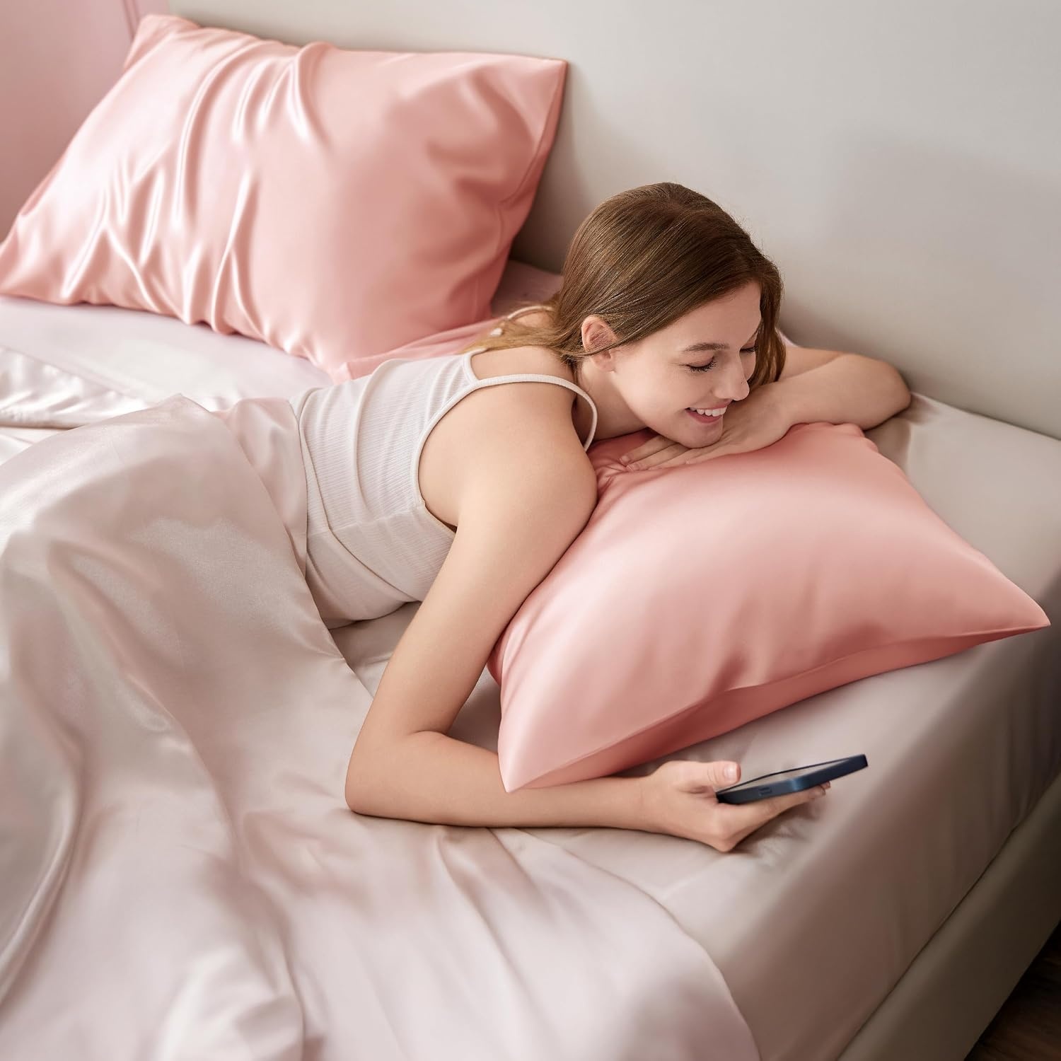 image:imageBedsure Satin Pillowcase Standard Set of 2 Silky Pillow Cases White Similar to Silk Pillow Cases Decorative Covers Room Decor Gifts for Women Men Envelope Closure For Hair Skin 20 x 2621 Peach Pink