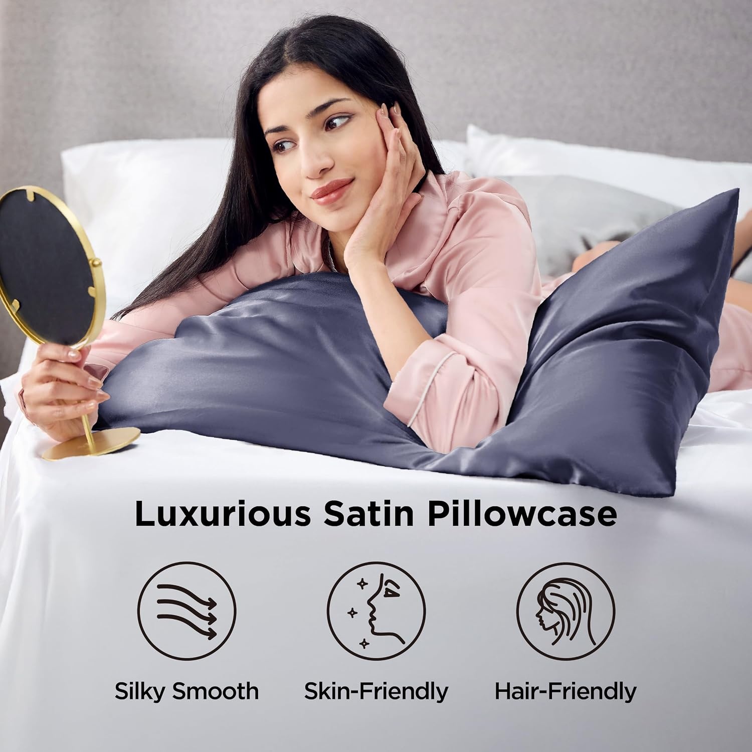 image:imageBedsure Satin Pillowcase Standard Set of 2 Silky Pillow Cases White Similar to Silk Pillow Cases Decorative Covers Room Decor Gifts for Women Men Envelope Closure For Hair Skin 20 x 2629 Blue Granite