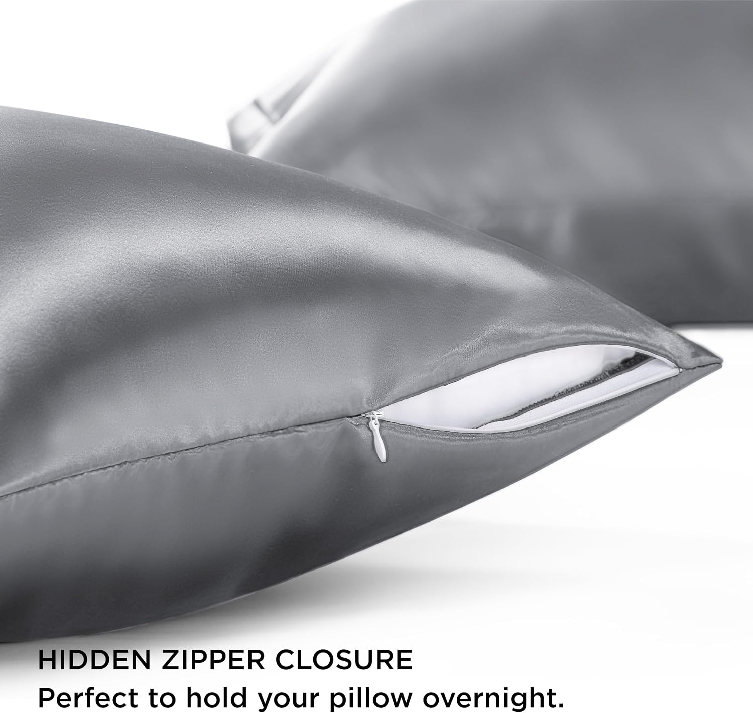 image:imageBedsure Satin Pillowcase with Zipper Similar to Silk Pillow Cases 2 Pack Satin Pillow Cases Queen Silky amp Soft Beige Pillow Covers Hair and Skin Valentines Day Gifts for Women Men 20x30 Inches05 Dark Grey Zipper