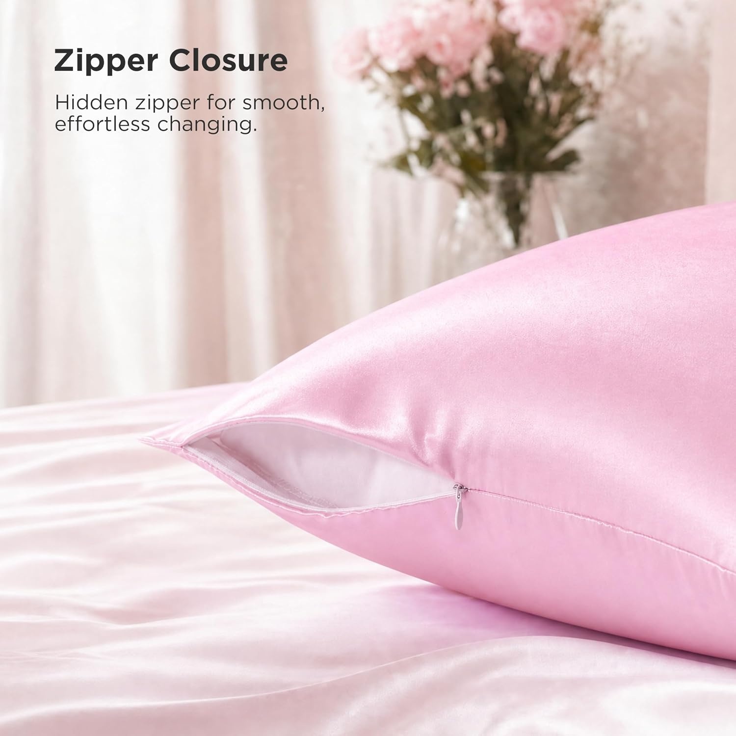 image:imageBedsure Satin Pillowcase with Zipper Similar to Silk Pillow Cases 2 Pack Satin Pillow Cases Queen Silky amp Soft Beige Pillow Covers Hair and Skin Valentines Day Gifts for Women Men 20x30 Inches07 Pink Zipper