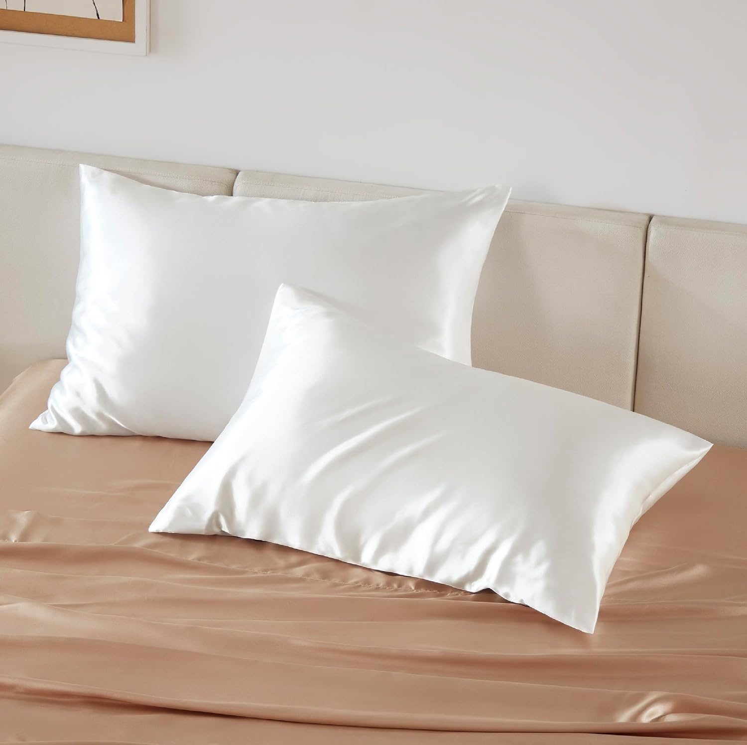 image:imageBedsure Satin Pillowcase with Zipper Similar to Silk Pillow Cases 2 Pack Satin Pillow Cases Queen Silky amp Soft Beige Pillow Covers Hair and Skin Valentines Day Gifts for Women Men 20x30 Inches02 White Zipper
