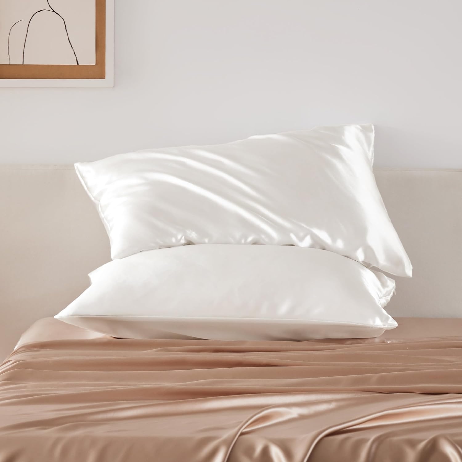 image:imageBedsure Satin Pillowcase with Zipper Similar to Silk Pillow Cases 2 Pack Satin Pillow Cases Queen Silky amp Soft Beige Pillow Covers Hair and Skin Valentines Day Gifts for Women Men 20x30 Inches06 Ivory Zipper
