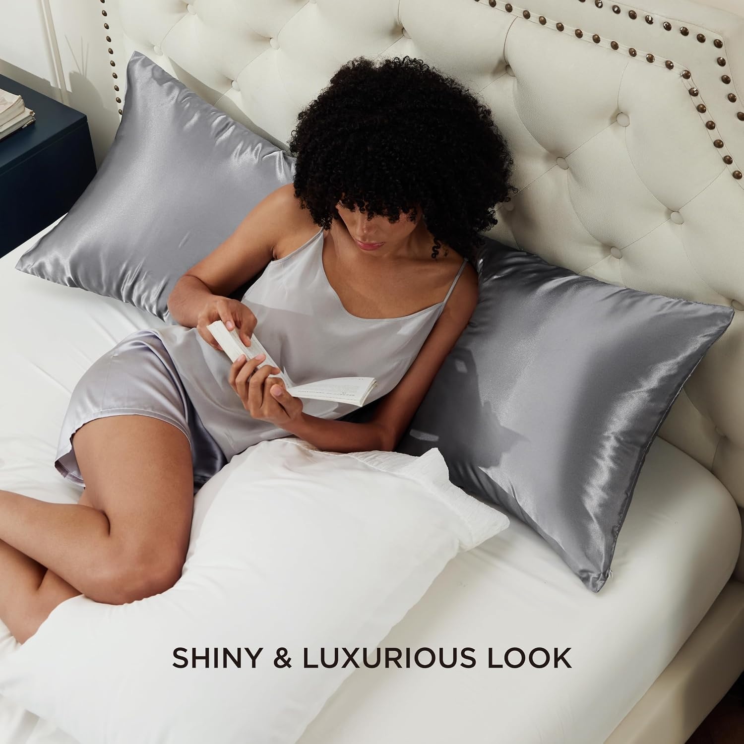 image:imageBedsure Satin Pillowcase with Zipper Similar to Silk Pillow Cases 2 Pack Satin Pillow Cases Queen Silky amp Soft Beige Pillow Covers Hair and Skin Valentines Day Gifts for Women Men 20x30 Inches05 Dark Grey Zipper