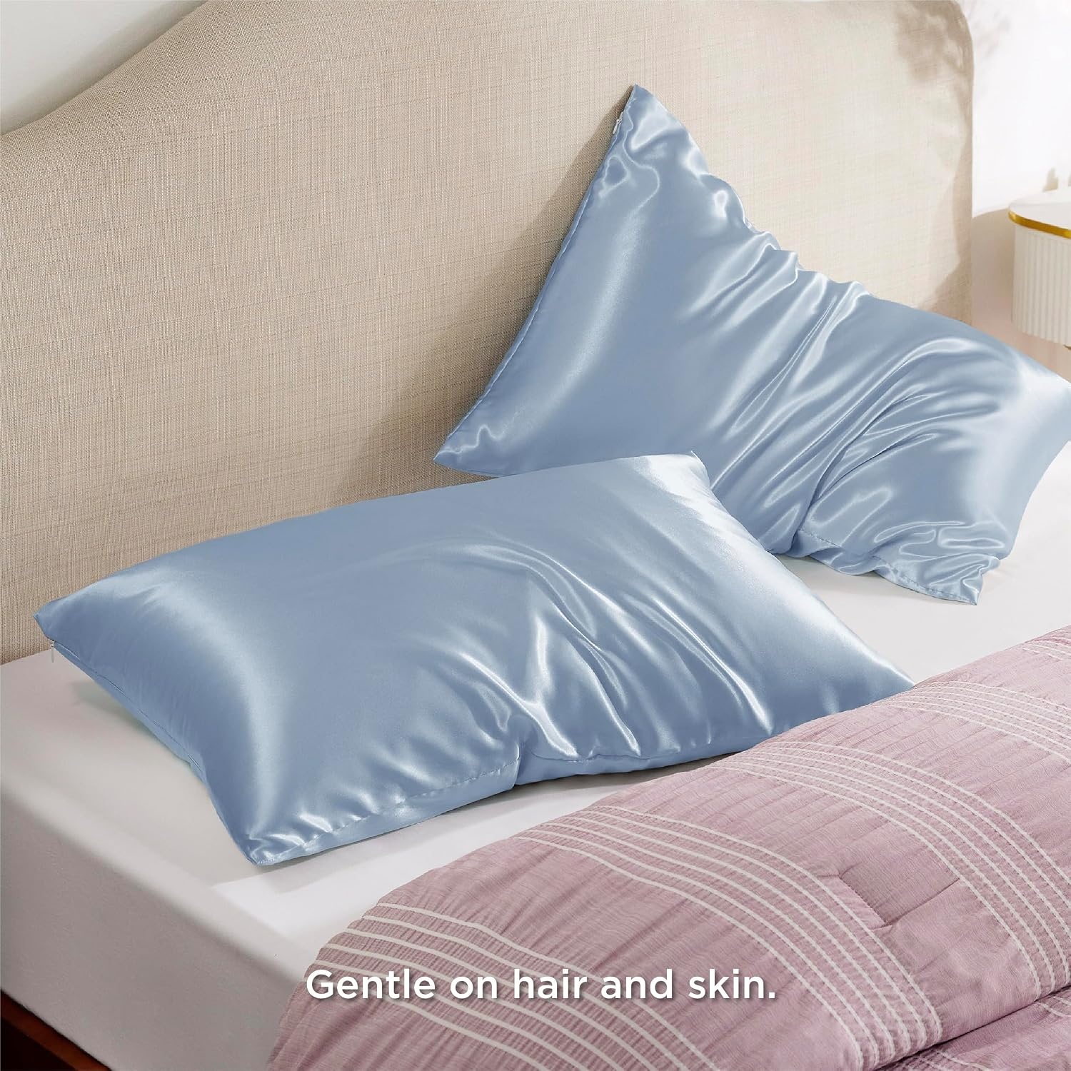 image:imageBedsure Satin Pillowcase with Zipper Similar to Silk Pillow Cases 2 Pack Satin Pillow Cases Queen Silky amp Soft Beige Pillow Covers Hair and Skin Valentines Day Gifts for Women Men 20x30 Inches12 Stone Blue Zipper