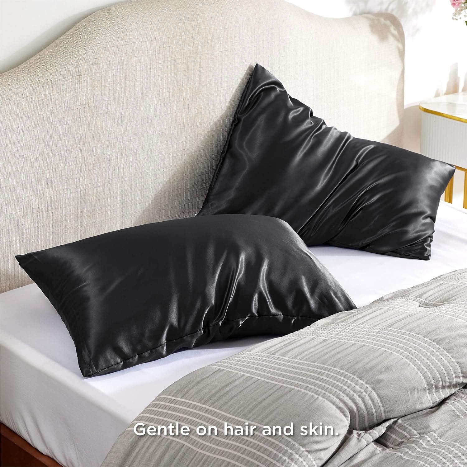image:imageBedsure Satin Pillowcase with Zipper Similar to Silk Pillow Cases 2 Pack Satin Pillow Cases Queen Silky amp Soft Beige Pillow Covers Hair and Skin Valentines Day Gifts for Women Men 20x30 Inches04 Black Zipper