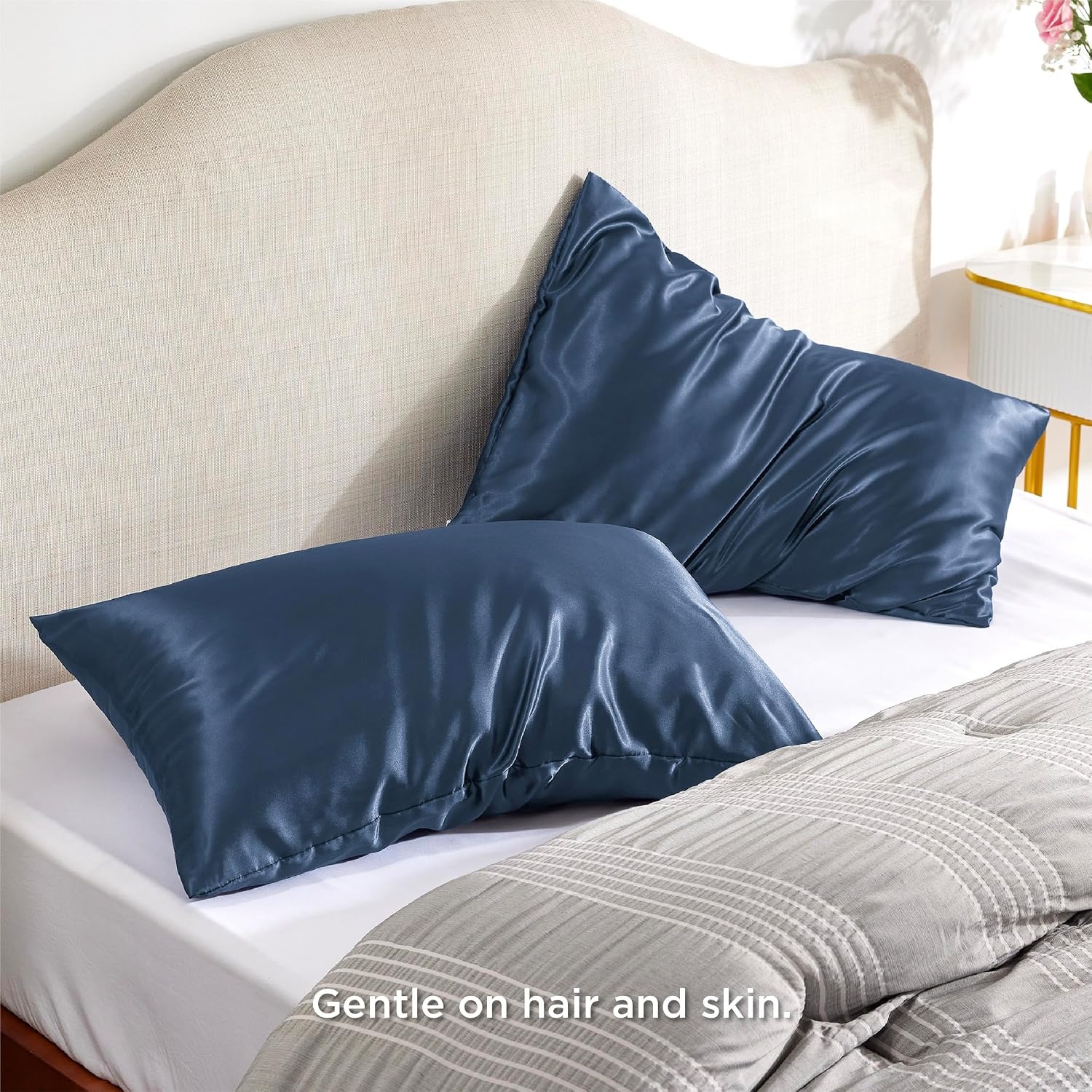 image:imageBedsure Satin Pillowcase with Zipper Similar to Silk Pillow Cases 2 Pack Satin Pillow Cases Queen Silky amp Soft Beige Pillow Covers Hair and Skin Valentines Day Gifts for Women Men 20x30 Inches09 Blue Zipper