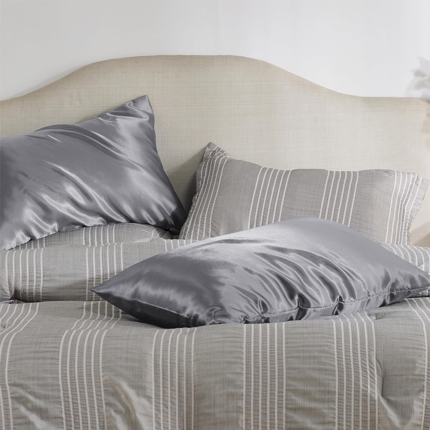 image:imageBedsure Satin Pillowcase with Zipper Similar to Silk Pillow Cases 2 Pack Satin Pillow Cases Queen Silky amp Soft Beige Pillow Covers Hair and Skin Valentines Day Gifts for Women Men 20x30 Inches05 Dark Grey Zipper