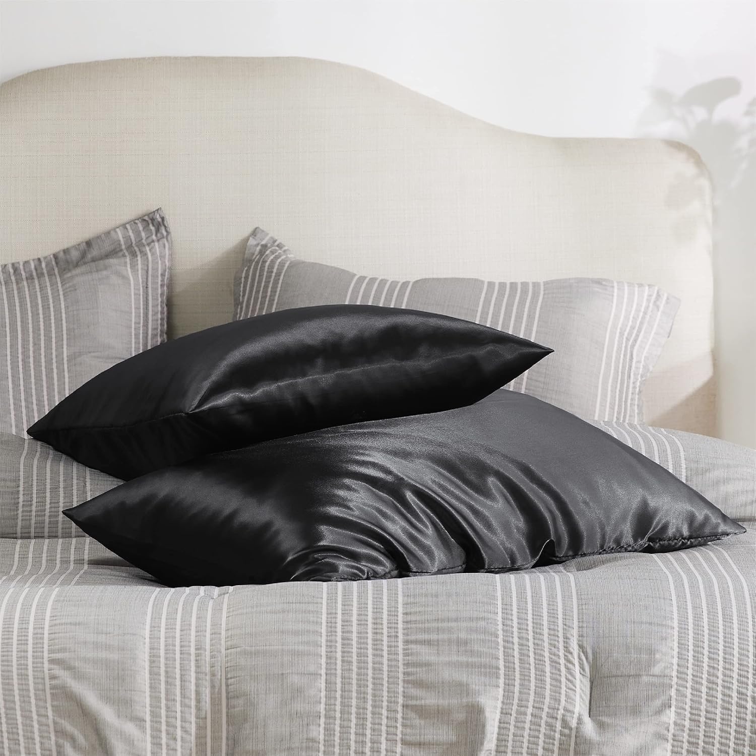 image:imageBedsure Satin Pillowcase with Zipper Similar to Silk Pillow Cases 2 Pack Satin Pillow Cases Queen Silky amp Soft Beige Pillow Covers Hair and Skin Valentines Day Gifts for Women Men 20x30 Inches04 Black Zipper