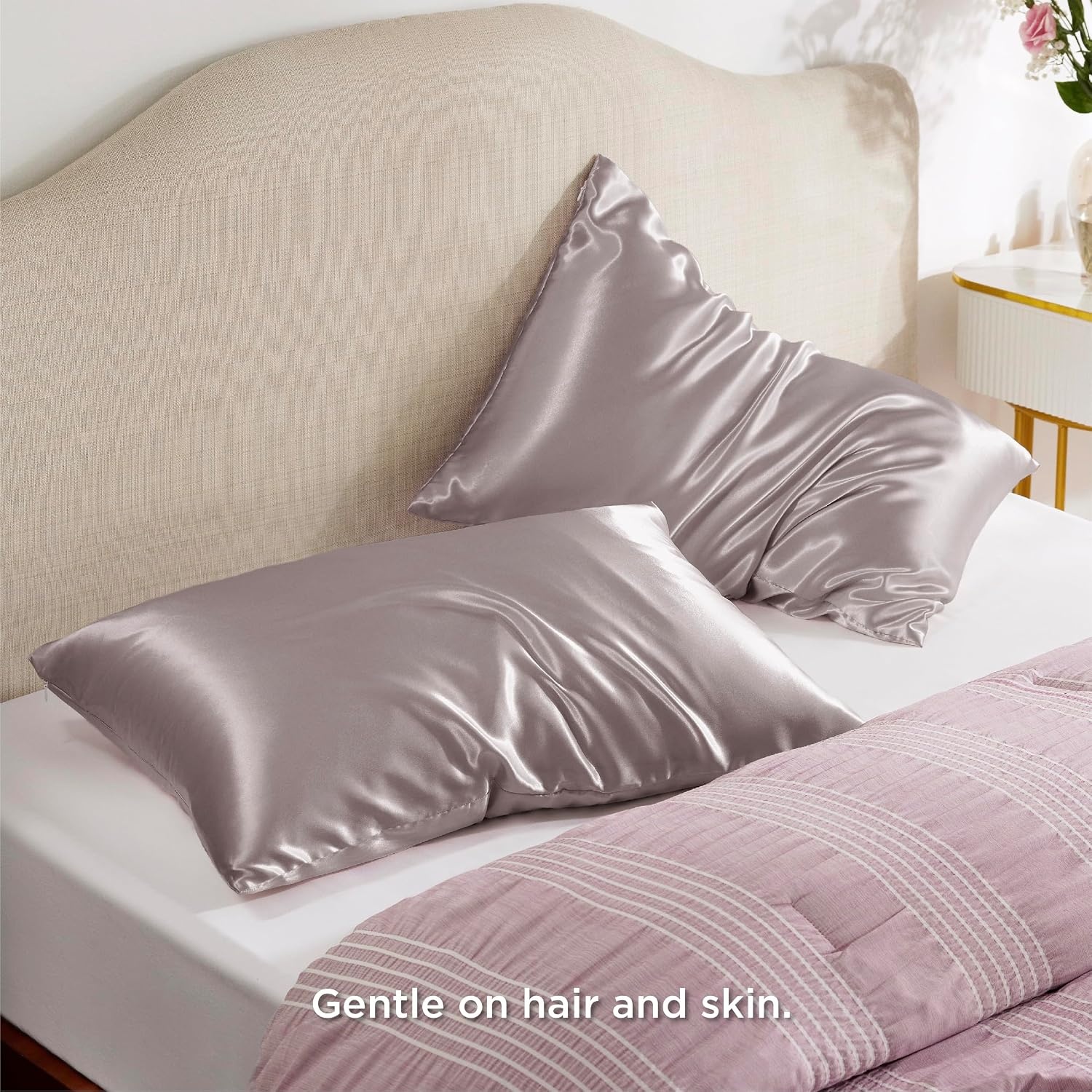 image:imageBedsure Satin Pillowcase with Zipper Similar to Silk Pillow Cases 2 Pack Satin Pillow Cases Queen Silky amp Soft Beige Pillow Covers Hair and Skin Valentines Day Gifts for Women Men 20x30 Inches10 Dusty Rose Zipper