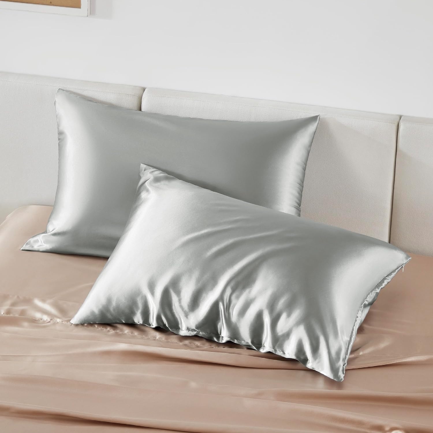image:imageBedsure Satin Pillowcase with Zipper Similar to Silk Pillow Cases 2 Pack Satin Pillow Cases Queen Silky amp Soft Beige Pillow Covers Hair and Skin Valentines Day Gifts for Women Men 20x30 Inches03 Grey Zipper