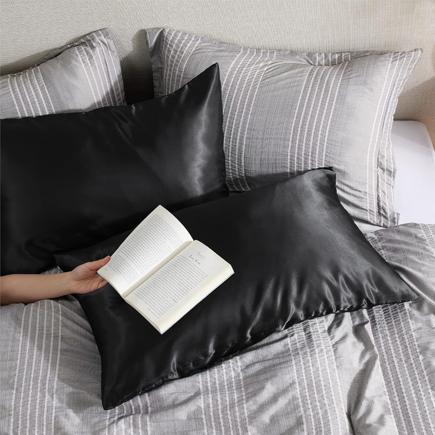 image:imageBedsure Satin Pillowcase with Zipper Similar to Silk Pillow Cases 2 Pack Satin Pillow Cases Queen Silky amp Soft Beige Pillow Covers Hair and Skin Valentines Day Gifts for Women Men 20x30 Inches04 Black Zipper
