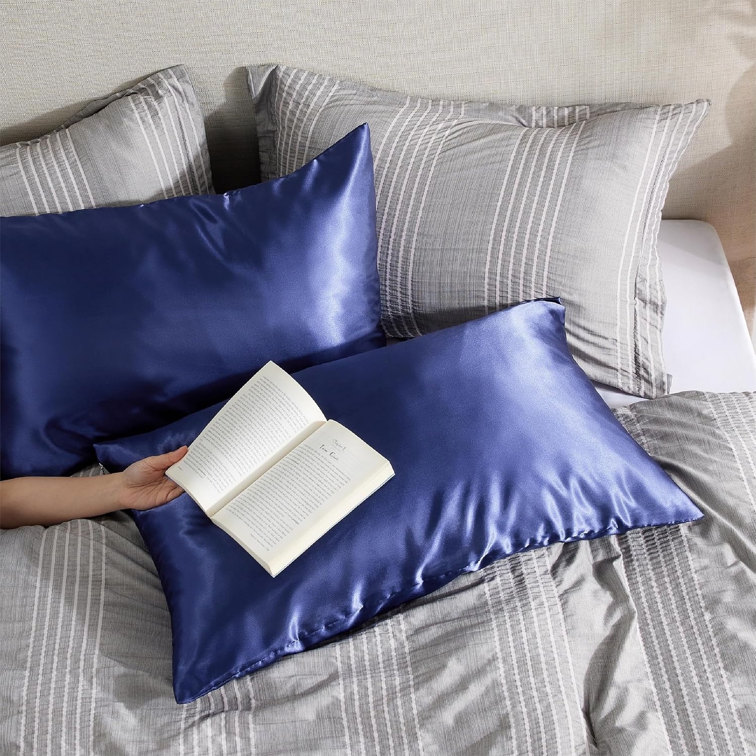 image:imageBedsure Satin Pillowcase with Zipper Similar to Silk Pillow Cases 2 Pack Satin Pillow Cases Queen Silky amp Soft Beige Pillow Covers Hair and Skin Valentines Day Gifts for Women Men 20x30 Inches13 Navy Zipper