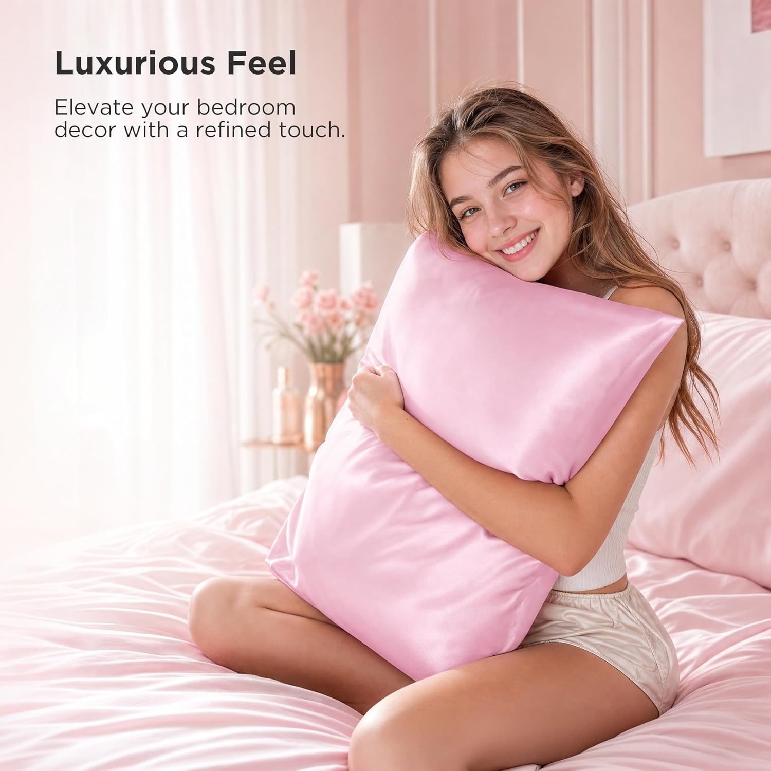 image:imageBedsure Satin Pillowcase with Zipper Similar to Silk Pillow Cases 2 Pack Satin Pillow Cases Queen Silky amp Soft Beige Pillow Covers Hair and Skin Valentines Day Gifts for Women Men 20x30 Inches07 Pink Zipper