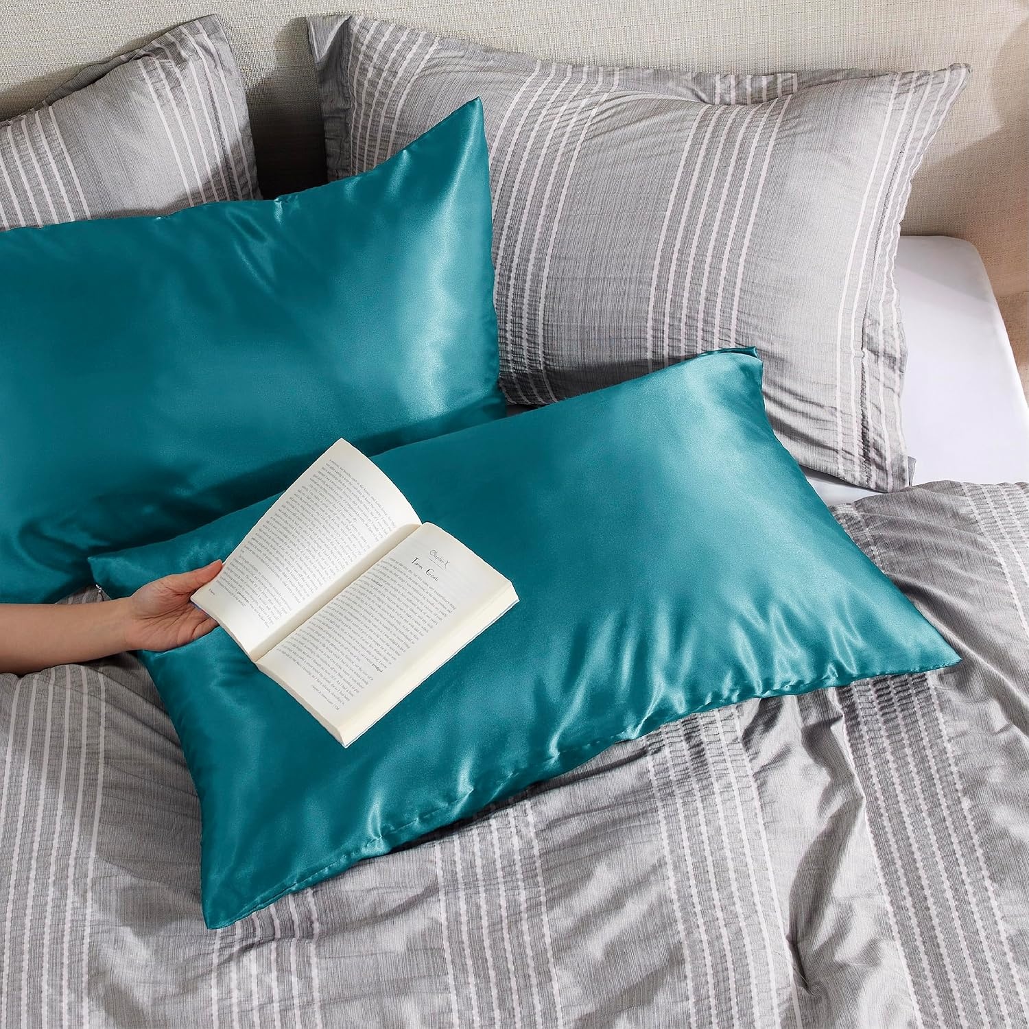image:imageBedsure Satin Pillowcase with Zipper Similar to Silk Pillow Cases 2 Pack Satin Pillow Cases Queen Silky amp Soft Beige Pillow Covers Hair and Skin Valentines Day Gifts for Women Men 20x30 Inches11 Teal Blue Zipper