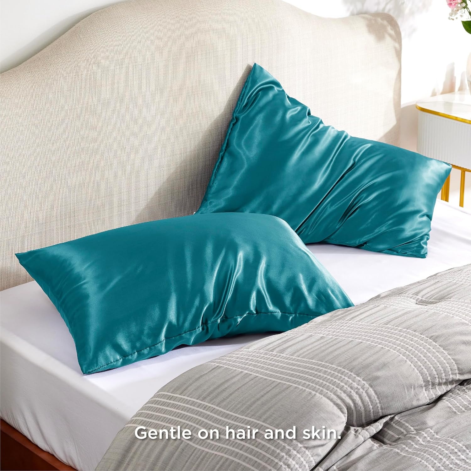 image:imageBedsure Satin Pillowcase with Zipper Similar to Silk Pillow Cases 2 Pack Satin Pillow Cases Queen Silky amp Soft Beige Pillow Covers Hair and Skin Valentines Day Gifts for Women Men 20x30 Inches11 Teal Blue Zipper