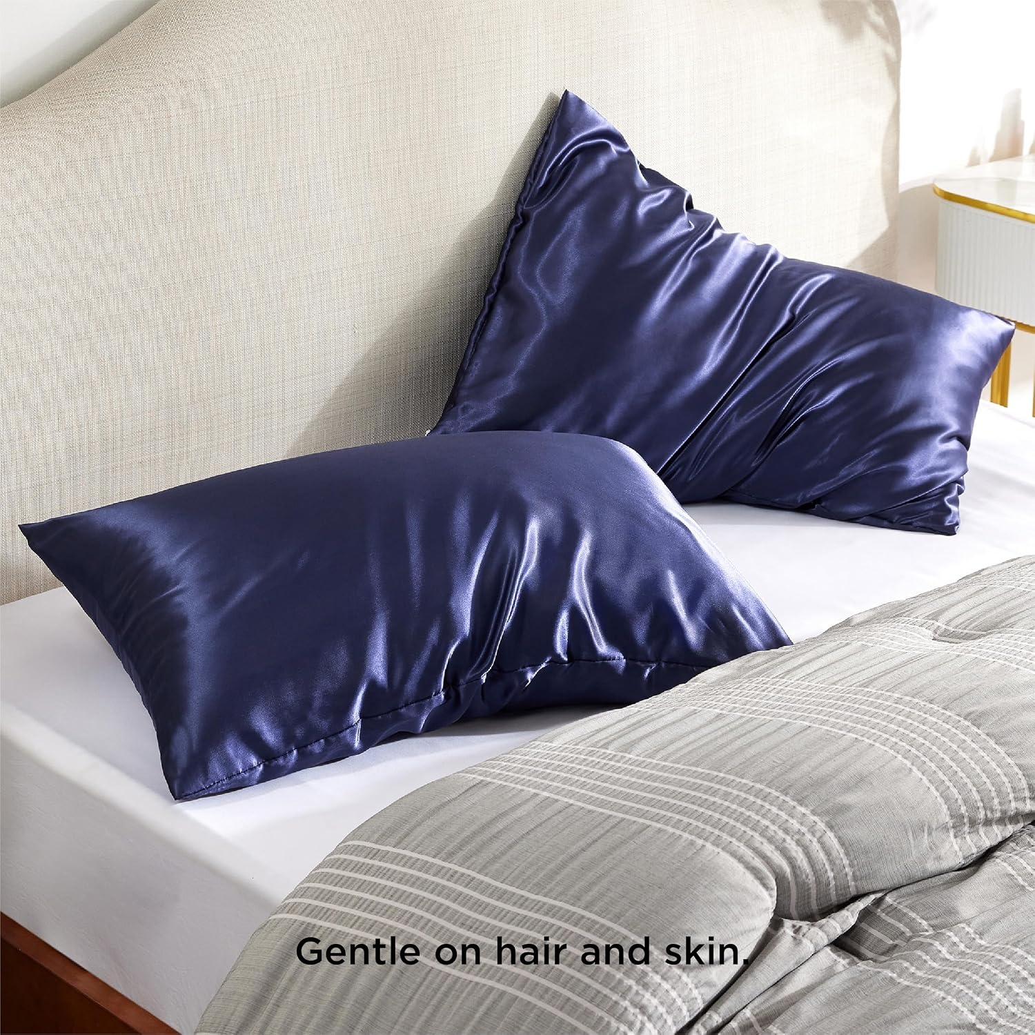image:imageBedsure Satin Pillowcase with Zipper Similar to Silk Pillow Cases 2 Pack Satin Pillow Cases Queen Silky amp Soft Beige Pillow Covers Hair and Skin Valentines Day Gifts for Women Men 20x30 Inches13 Navy Zipper