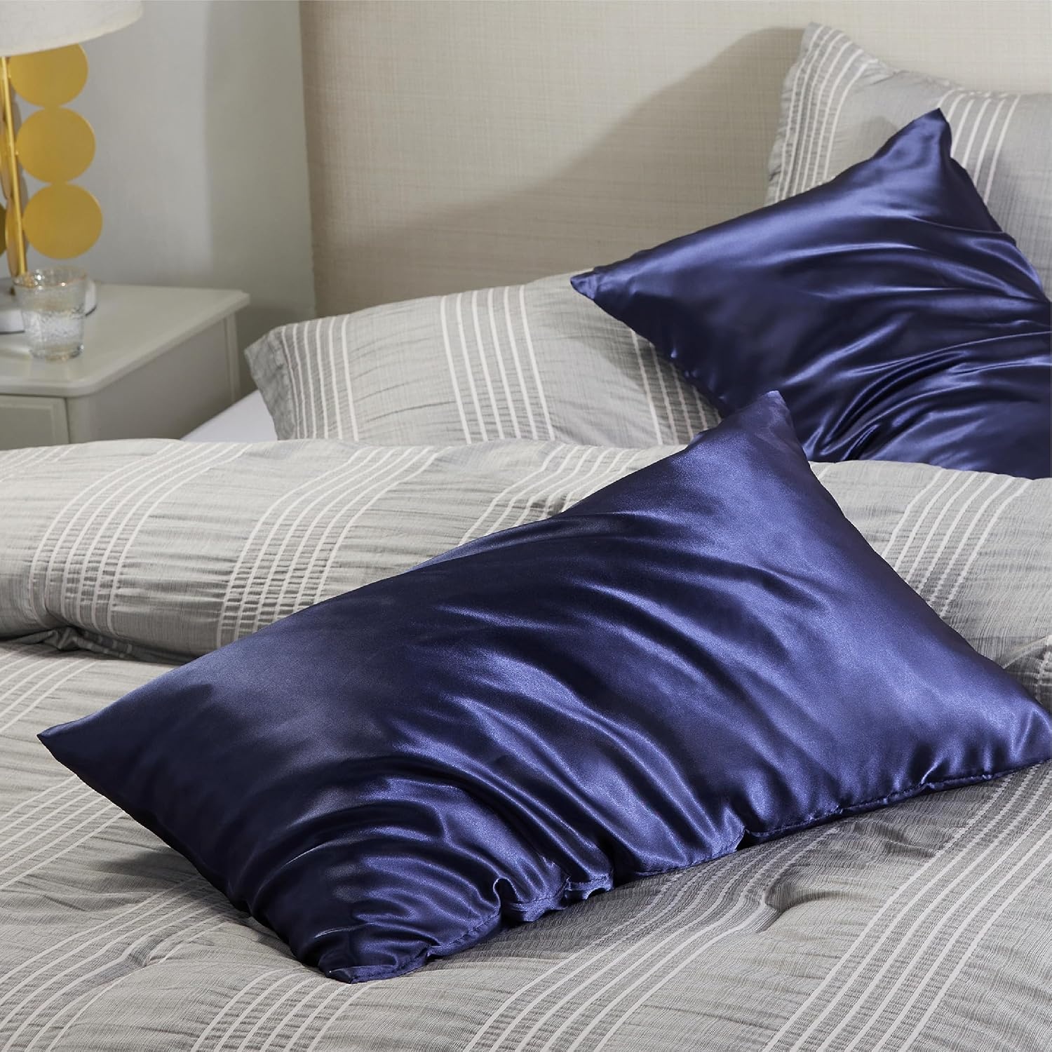 image:imageBedsure Satin Pillowcase with Zipper Similar to Silk Pillow Cases 2 Pack Satin Pillow Cases Queen Silky amp Soft Beige Pillow Covers Hair and Skin Valentines Day Gifts for Women Men 20x30 Inches13 Navy Zipper