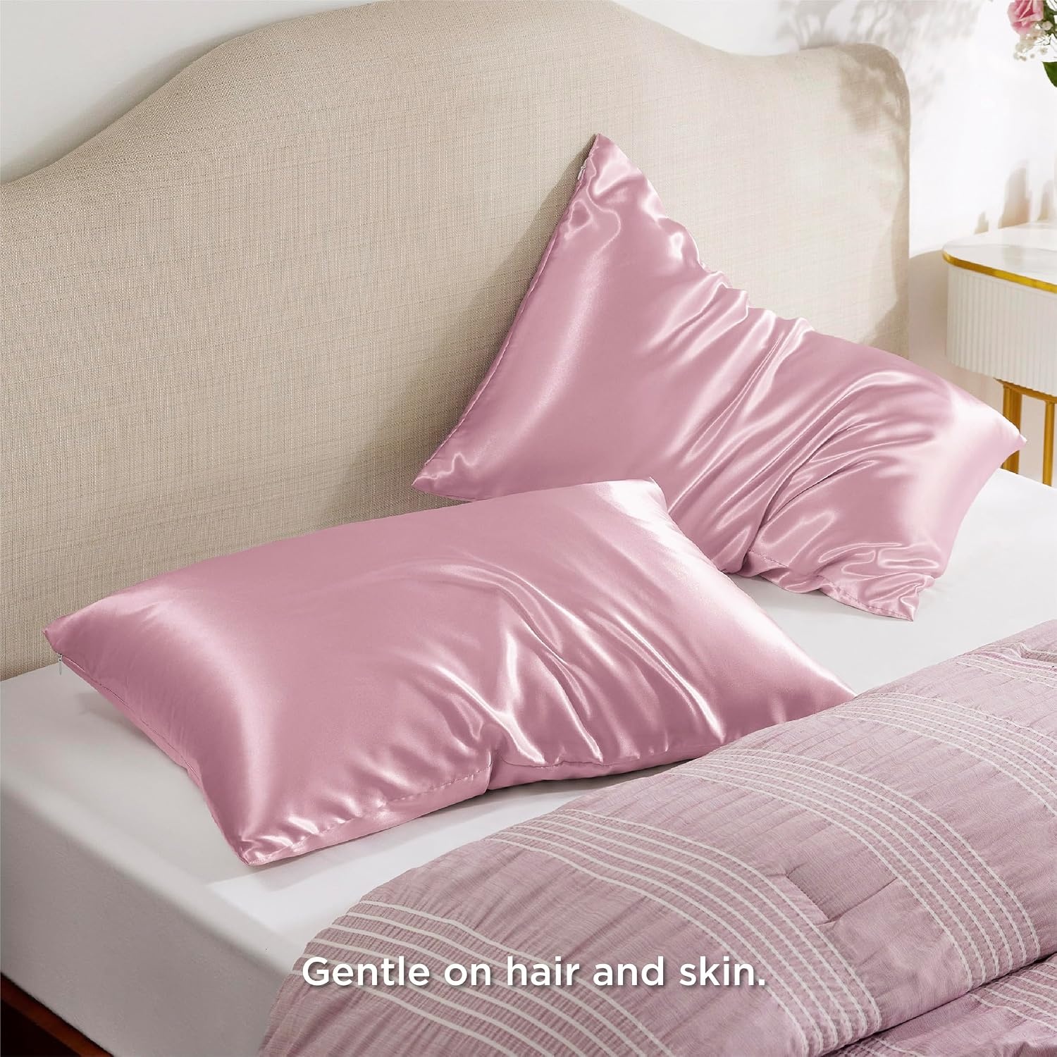 image:imageBedsure Satin Pillowcase with Zipper Similar to Silk Pillow Cases 2 Pack Satin Pillow Cases Queen Silky amp Soft Beige Pillow Covers Hair and Skin Valentines Day Gifts for Women Men 20x30 Inches15 Blush Pink Zipper