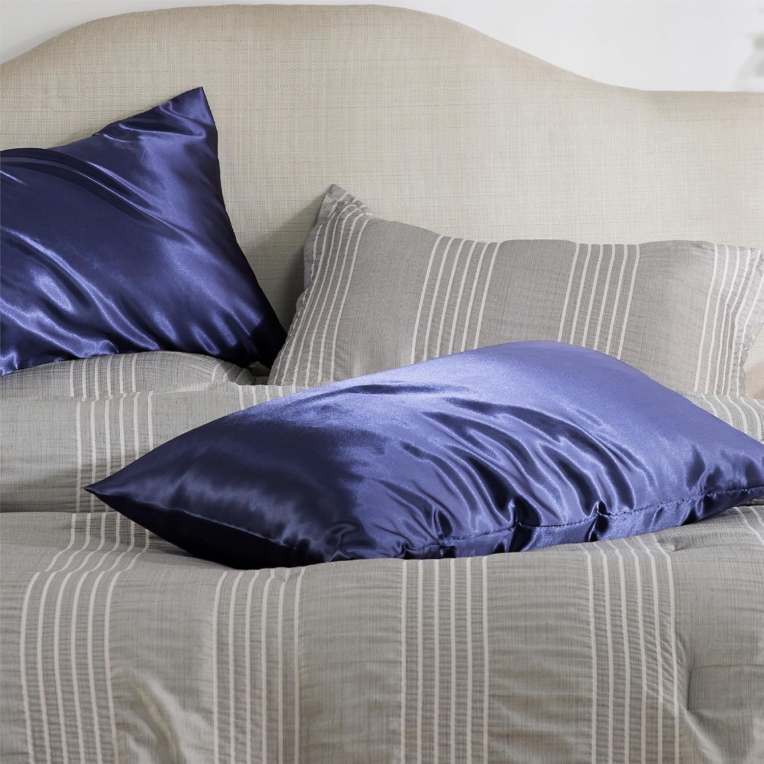 image:imageBedsure Satin Pillowcase with Zipper Similar to Silk Pillow Cases 2 Pack Satin Pillow Cases Queen Silky amp Soft Beige Pillow Covers Hair and Skin Valentines Day Gifts for Women Men 20x30 Inches13 Navy Zipper