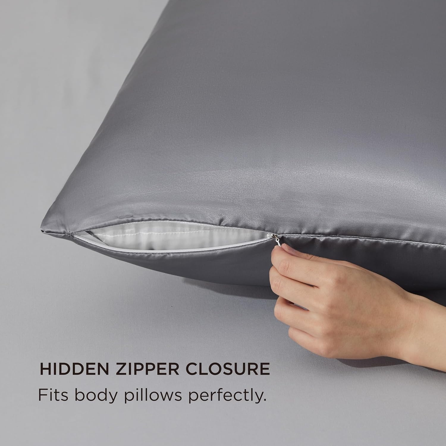 image:imageBedsure Satin Pillowcase with Zipper Similar to Silk Pillow Cases 2 Pack Satin Pillow Cases Queen Silky amp Soft Beige Pillow Covers Hair and Skin Valentines Day Gifts for Women Men 20x30 Inches05 Dark Grey Zipper